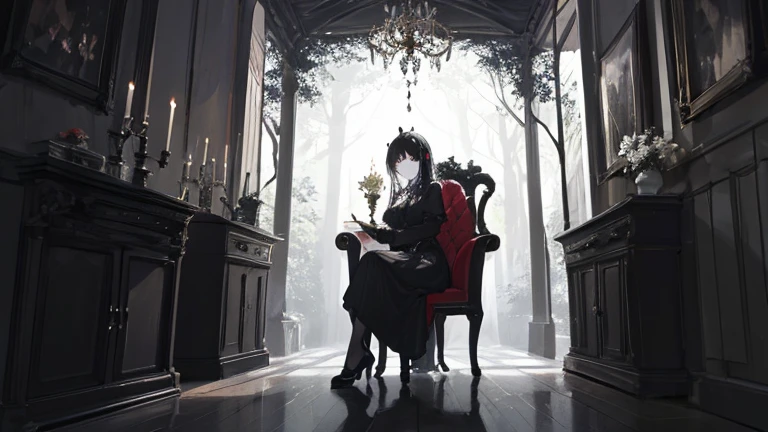 The girl at the entrance to the demon world,Gothic Baroque、black hair girl、A reception room in the forest、dark,,look down,fairy tale,Seated in a classical chair