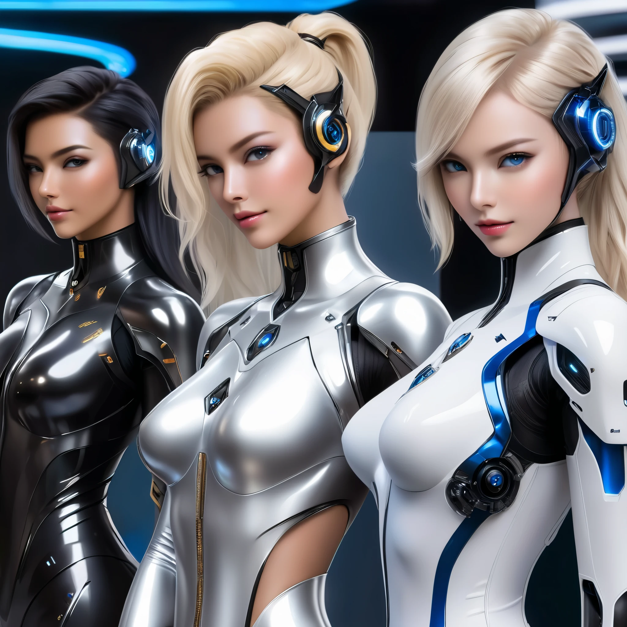 Three women in swimsuits standing in water with their heads turned, Futuristic Avatar, Stand in a puddle, Coming out of the water, Corpses in the water, humanoid woman, Complex Cybernetic Creatures, Beauty contest rendering, 3D Charactersレンダリング, 3D Characters, Expressed in 3D rendering, Daily Rendering, cycles4dレンダリング