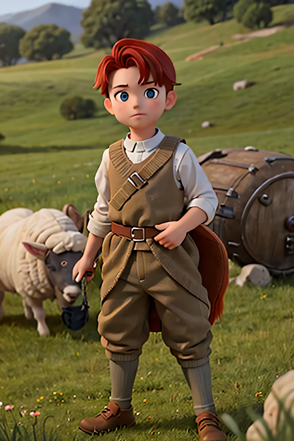 young boy, 13 years old, short red hair, in sheep shepherd clothes, on a battlefield, in the middle of a war, with a courageous biblical style look
