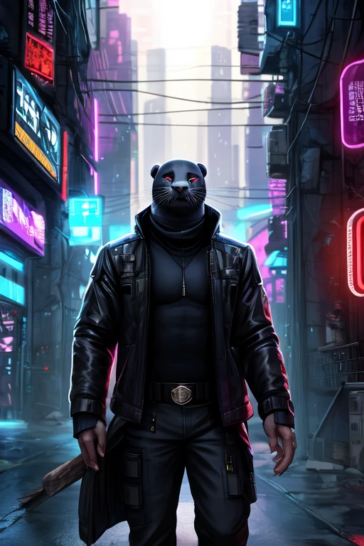 seal, log stay, pure, Humanity, male, alone, clothing, fur, 2022, black clothing, , black top, black , Cyberpunk city background