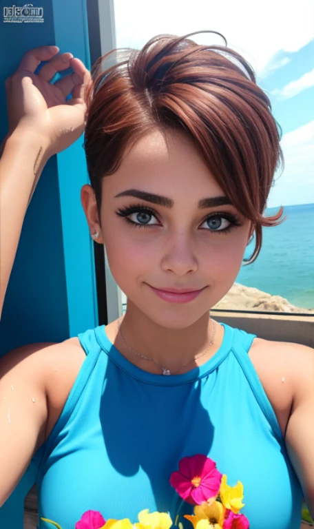Photo oF a -old Amean girl, .CRUDO, beautiFul woman,  light brown hair pixie , corte de cabello pixie , light brown hair((retrato)), ((Cara detallada:1.2)), ((Detailed Facial Features)), (Piel Finamente detallada), pale skin , pecas en mejillas , ojos azules , 、un sexy(color fresco), wet, wet, ReFlectoreasutepiece) (proporciones perFectaotos realistas)(La mejor calidad) (Detallado) FotograFiado con una EOS R5 de Canon, lente de 50 mm, F/2.8, NFFSW, (8K) (papel tapiz) (cinematic lighting) (dramatic lighting) (sharp Focus) (Enrevesado) senos grandes , pechos grandes , pecas en mejillas , cuerpo completo , hermoso cuerpo de adolesente , posando sexy a la camara , posando de Frente para la camara ,lindo maquillaje , gran sonrisa , Fondo variado , pecas en mejillas , aretes de clip , hermosos ojos azules , viste camiseta purpura sin mangas con imagen de calavera , cinturon blanco , falda color lila con patrones de cuadros , botas largas con tacon , 