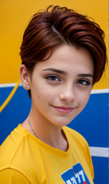 Photo oF a -old Amean girl, .CRUDO, beautiFul woman,  light brown hair pixie , corte de cabello pixie , light brown hair((retrato)), ((Cara detallada:1.2)), ((Detailed Facial Features)), (Piel Finamente detallada), pale skin , pecas en mejillas , ojos azules , 、un sexy(color fresco), wet, wet, ReFlectoreasutepiece) (proporciones perFectaotos realistas)(La mejor calidad) (Detallado) FotograFiado con una EOS R5 de Canon, lente de 50 mm, F/2.8, NFFSW, (8K) (papel tapiz) (cinematic lighting) (dramatic lighting) (sharp Focus) (Enrevesado) senos grandes , pechos grandes , pecas en mejillas , cuerpo completo , hermoso cuerpo de adolesente , posando sexy a la camara , posando de Frente para la camara ,lindo maquillaje , gran sonrisa , Fondo variado , pecas en mejillas , aretes de clip , hermosos ojos azules , viste camiseta purpura sin mangas con imagen de calavera , cinturon blanco , falda color lila con patrones de cuadros , botas largas con tacon , 
