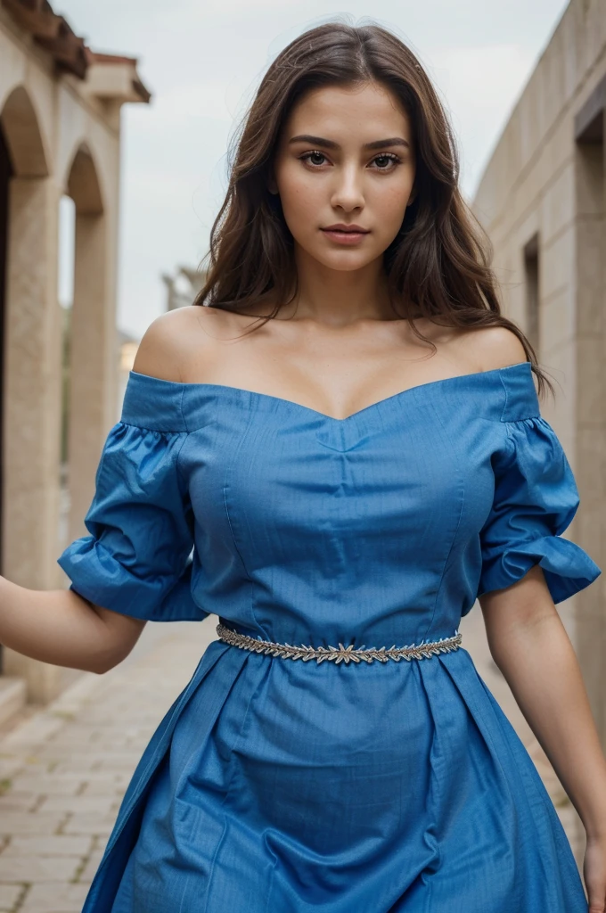 (best quality, highres), woman in a blue dress, solo photoshoot, traditional wear, mid shot portrait, stylish pose, detailed face, detailed lips, detailed eyes, detailed body, elegant, graceful, confident, vibrant colors, natural lighting, fine textures, captivating expression, enchanting, timeless beauty