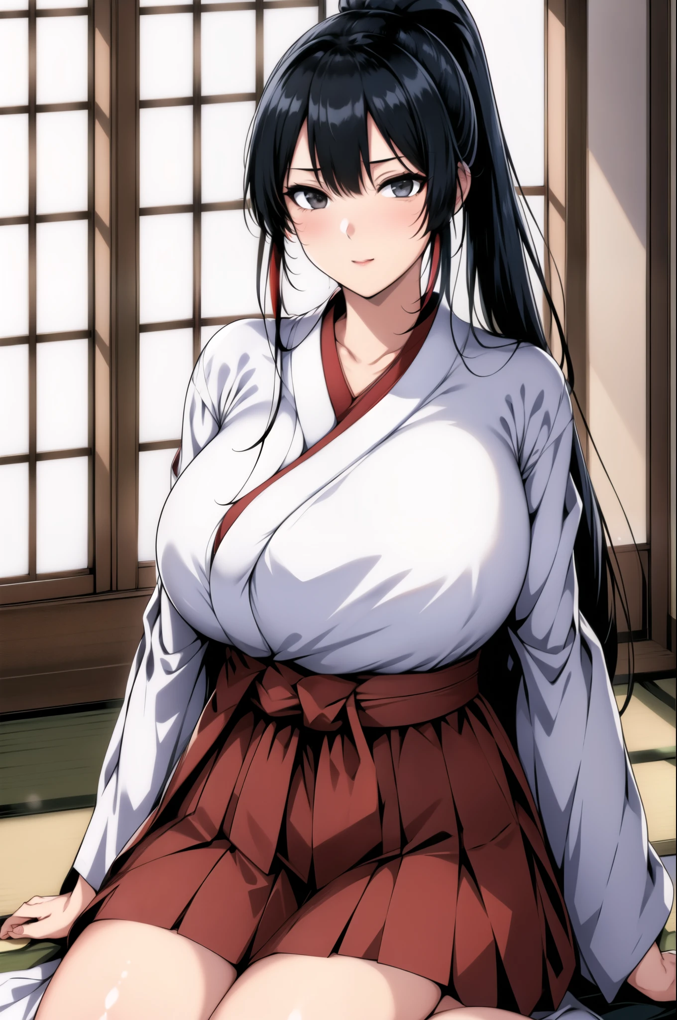 (day:1.7), in a room with a window,
sitting on the floor,
red_Hakama with white_kimono,japanese clothes,
Black eyes, Black hair,bangs, Long_hair, High ponytail,
1 girl, 20yo,mature female,Beautiful Finger,Beautiful long legs,Beautiful body,Beautiful Nose,Beautiful character design, perfect eyes, perfect face,
looking at viewer, in the center of the image,focus on face,
NSFW,official art,extremely detailed CG unity 8k wallpaper, perfect lighting,Colorful, Bright_Front_face_Lighting,
(masterpiece:1.0),(best_quality:1.0), ultra high res,4K,ultra-detailed,
photography, 8K, HDR, highres, absurdres:1.2, Kodak portra 400, film grain, blurry background, bokeh:1.2, lens flare, (vibrant_color:1.2)
(Beautiful,Large_Breasts:1.2), (beautiful_face:1.5),(narrow_waist),