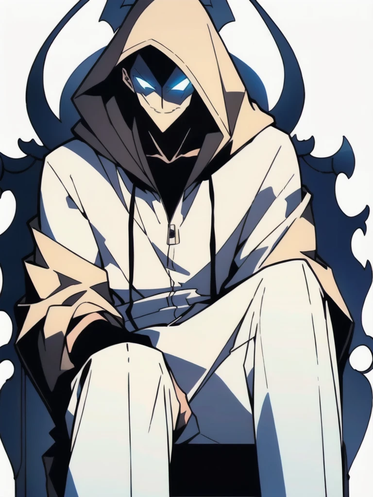 ((Character, best quality: 1.5, masterpiece, 8k detailed: 1.5, white background, flat colors, anime)), solo: 2, 1boy, adult, hooded cloaked man smirking, sitting on a chair, dim light, combed hair,