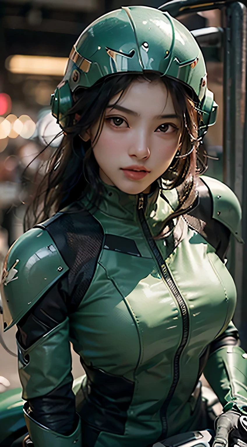 Highest image quality, outstanding details, ultra-high resolution, (realism: 1.4), the best illustration, favor details, highly condensed 1girl, with a delicate and beautiful face, dressed in a black and green mecha, wearing a mecha helmet, holding a directional controller, riding on a motorcycle, the background is a high-tech lighting scene of the future city.