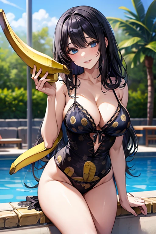 (((Black hair))), long hair, blue eyes, sexy, large breasts, beautiful body, masterpiece, smile, (((banana print lingerie))), sexy lingerie, hotel swimming pool,busty, buxom, curvy, voluptuous
