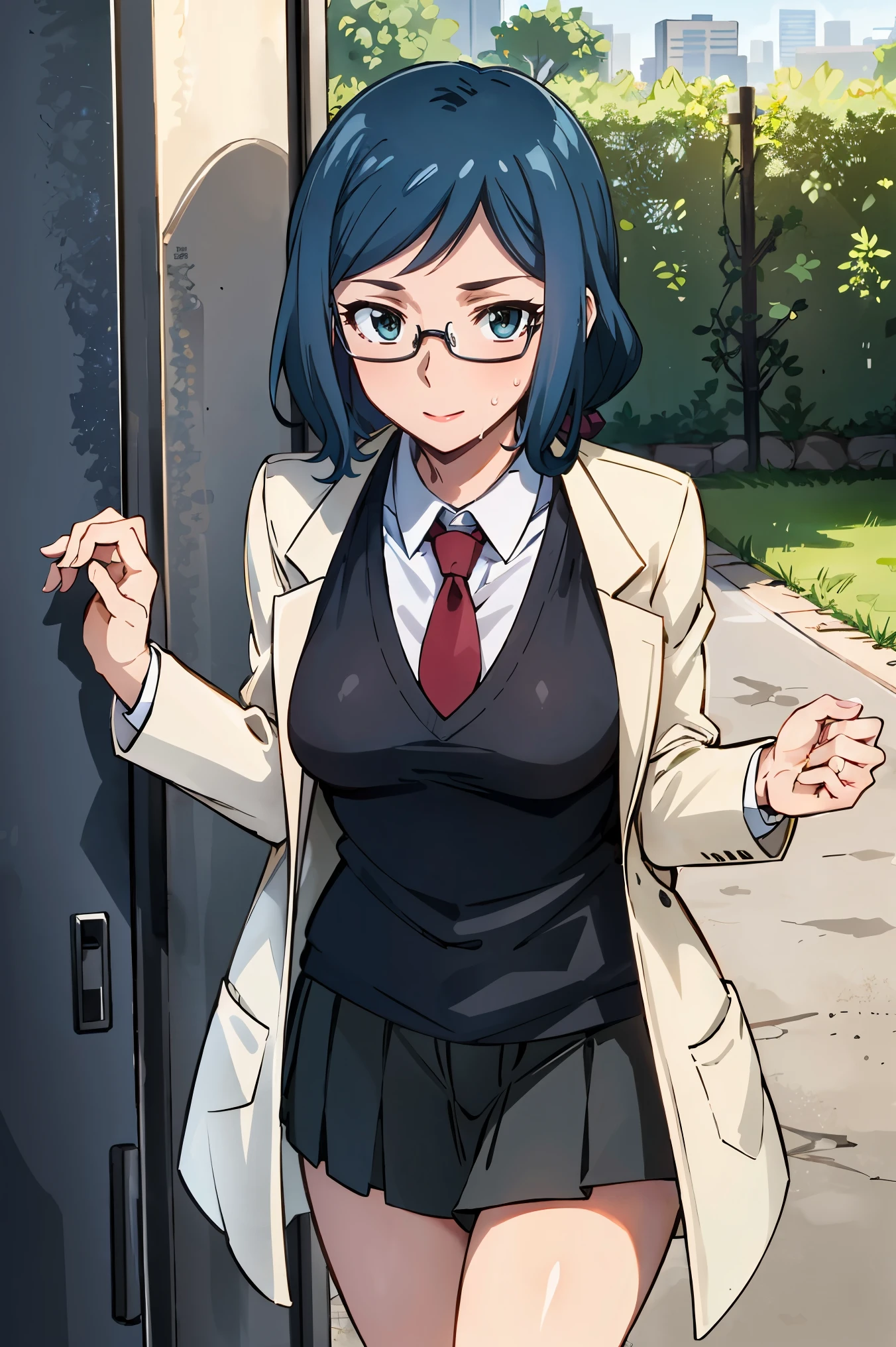 1girl, solo, tall body, tall, long legs, mature female, mature, adult, rinko-iori, wide hips, low ponytail, 
BREAK (glasses, skirt, shirt, , white shirt, pleated skirt, glasses, collared shirt, black skirt, vest, red necktie, labcoat, (white labcoat:1.2), brown vest:1.2),
BREAK （perspire，Sweat a lot，Blushlush，Be red in the face，Blushlush），Stand at the door of the phone booth,arms behind back,
BREAK outdoors, park, garden, lake, sunshine, sunlight, bright, 
BREAK ((top quality, 8k, masterpiece: 1.3, ultra hd, high quality, best quality, high definition, realism)), sharp focus: 1.5, Beautiful woman with Slim body, (perfect hands, perfect anatomy),