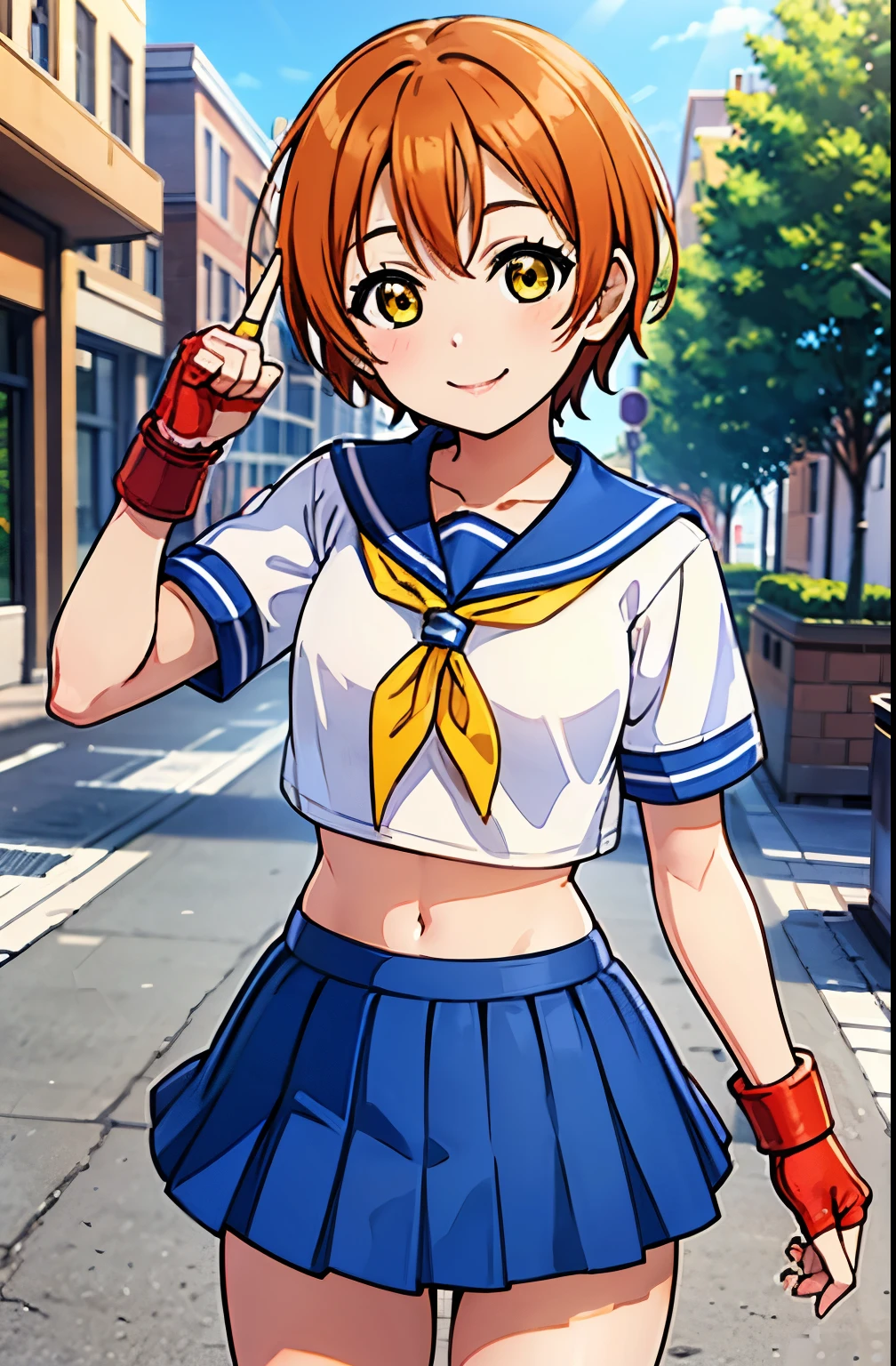 Hoshizora rin, orange hair, yellow eyes ,short hair, bangs, , crop top, red neckerchief, ((blue skirt)), fingerless gloves, thighs, standing, cowboy shot, standing,in street , smile 