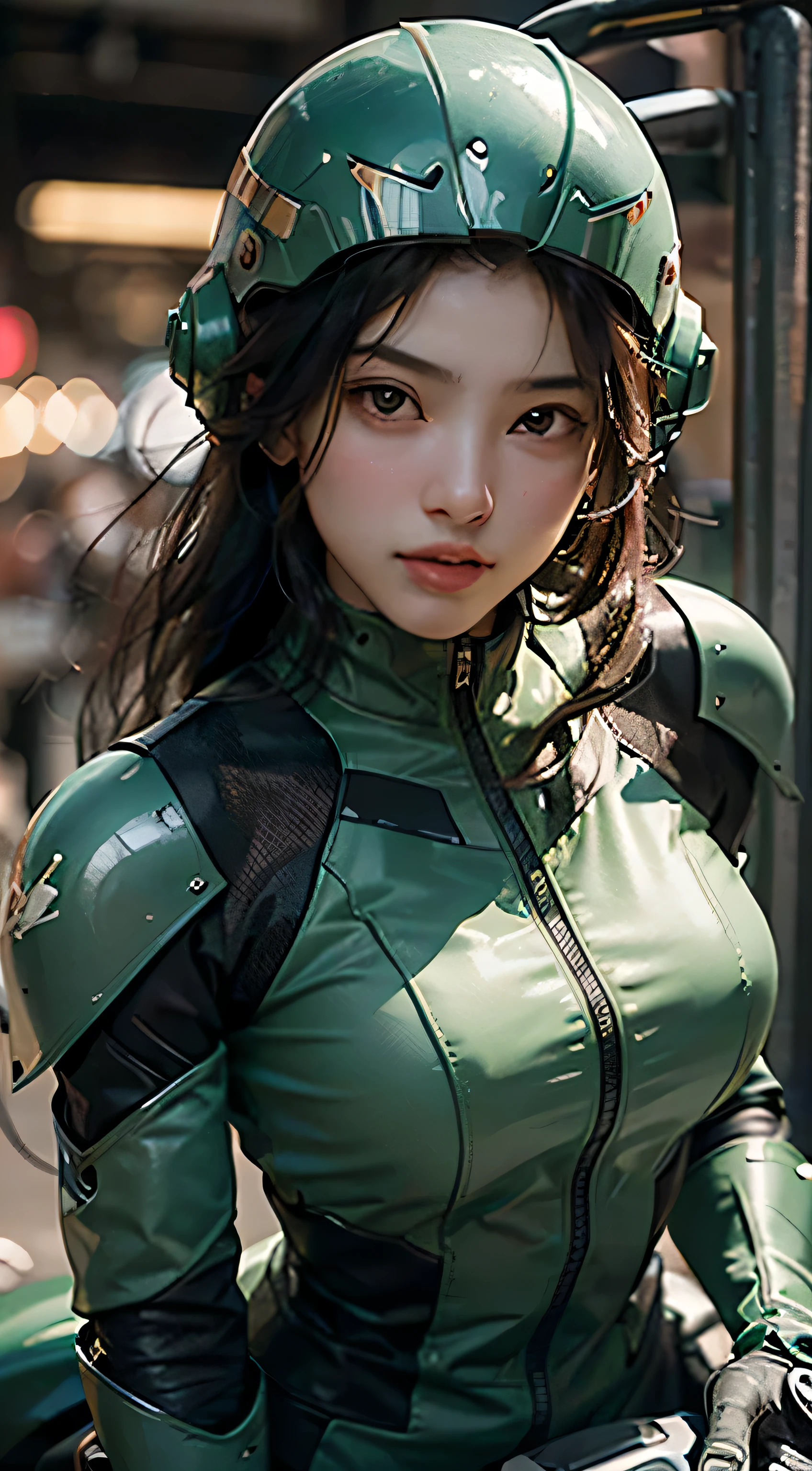 Highest image quality, outstanding details, ultra-high resolution, (realism: 1.4), the best illustration, favor details, highly condensed 1girl, with a delicate and beautiful face, dressed in a black and green mecha, wearing a mecha helmet, holding a directional controller, riding on a motorcycle, the background is a high-tech lighting scene of the future city.