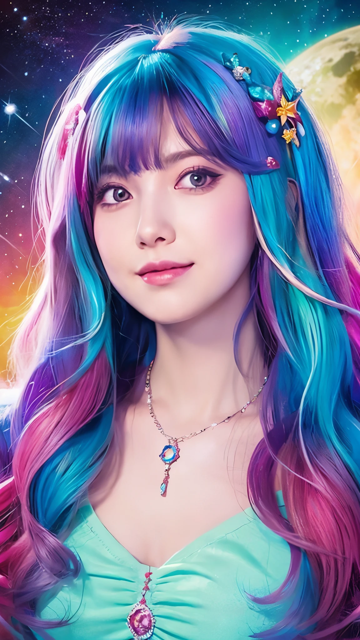 Close-up of a woman with colorful hair and necklace, anime girl with space hair, The soft vibrancy of Ross Rose, Gouviz style artwork, fantasy art style, colorful], vivid fantasy style, An energetic Ross cartoon, cosmic and colorful, Gweiz, colorful digital fantasy art, great art style, beautiful anime style, white skin, night coat,