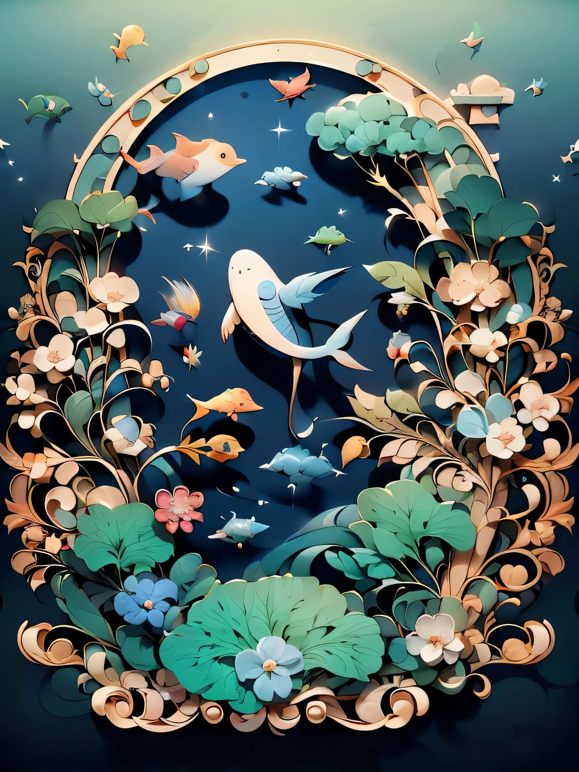 Cute white dolphin，Jumping in the water，Cartoon image，There are many seaweeds floating in the water around，High sophistication，maximalism，flat style，vector illustration，With blue as the background,Plant detailsHigh sophistication