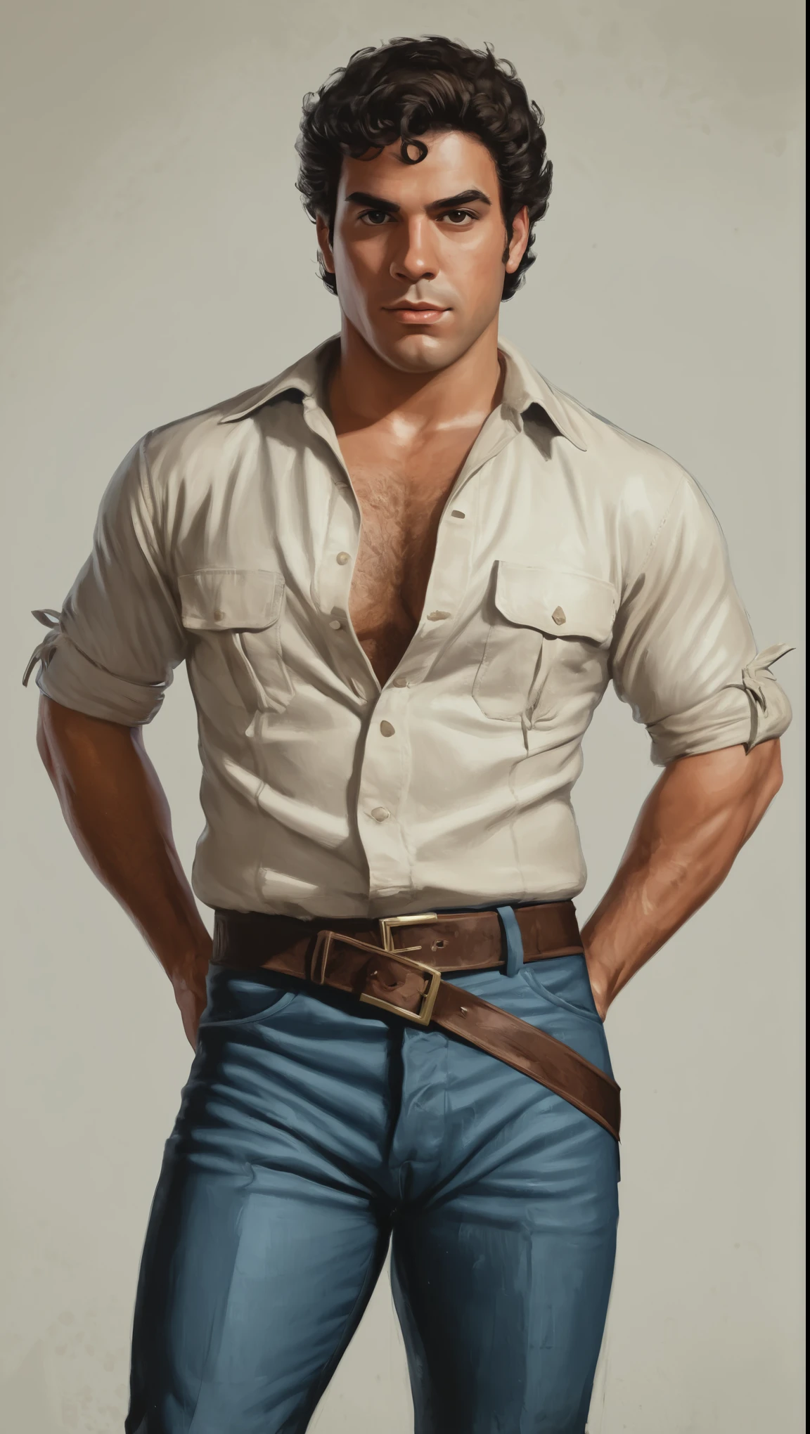 An illustrated movie poster, hand-drawn, full color, a explorer man, 22 years-old, wearing pirate breeches and a lace-up shirt, resembles a young Lou Ferrigno, sun-tanned skin, round face, average height, broad shoulders, soft belly, slightly chubby, deep brown eyes, wide bulbous nose, black hair, curly taper fade, thick bushy eyebrows, extremely hairy chest, stomach, and arms, lots of body hair, posing on a pedestal, wet listening skin, hard shadows, graphite shading, stencil marks, airbrushed acrylic paint, masterpiece, in the style of Grand Theft Auto V