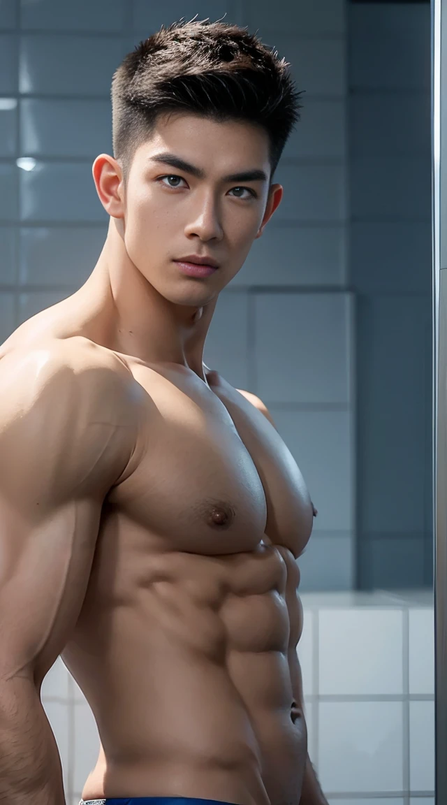 asian male model, big muscles, Full chest muscles,Sexy and charming expression,blue eyes,Handsome, cool, Hair combed smoothly, piercing ears,naked,Wear sexy thongs,Big bag highlights, image, modeling, dynamic poses, Tsinghua University male student bathhouse, bath,Perfect hand details