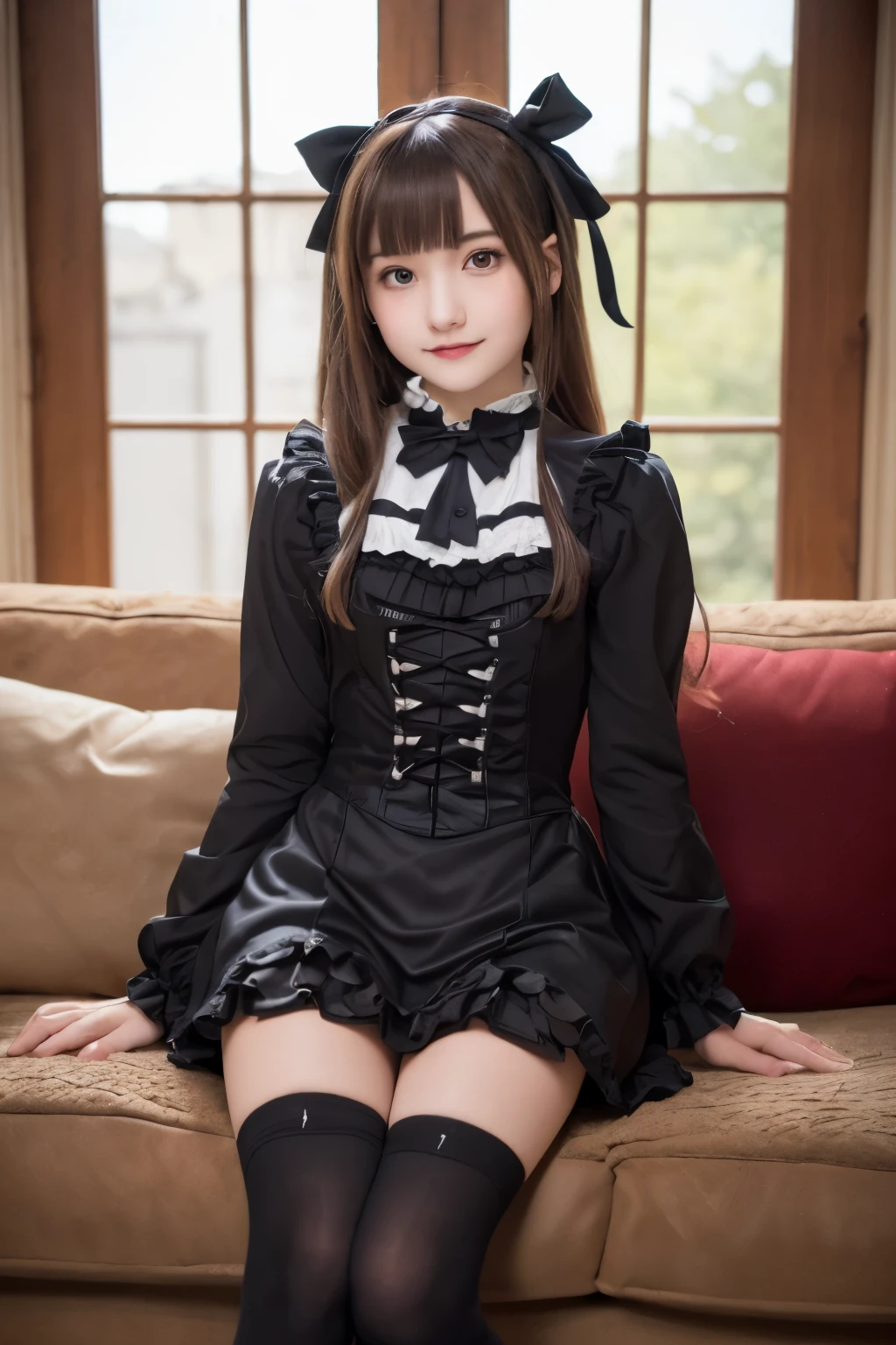 masterpiece, highest quality, one girl, (beautiful girl, cute:1.3), (:1.3), very fine resolution, (symmetrical eyes:1.3), (sit on the sofa), (Gothic Lolita, high socks, zettai ryouiki:1.3), small breasts, brown eyes, parted bangs, brown hair, light smile, (Eye and face details:1.0)