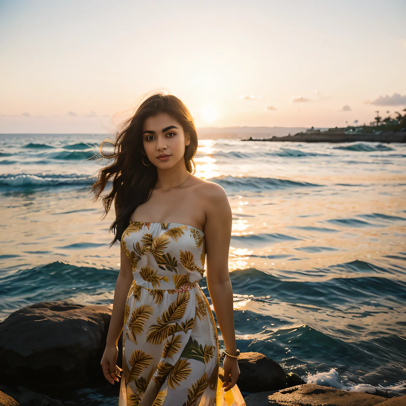 (Rhea Chakraborty:0.3), (Alia Bhatt:0.6), (Kriti Sanon:0.7), A mid-shot, realistic portrait of serene sunset scene of a girl standing in the foreground. The camera angle is positioned slightly below eye level. The photograph exudes a warm golden hour glow, with the sun setting in the background, diffusing light around her silhouette.
The model has a slender build, flawless complexion, and her posture is relaxed yet composed, with her shoulders slightly back, exuding an aura of quiet confidence. Her complexion is fair, and her facial features are soft and defined, complemented by her long, flowing brunette hair that catches the backlighting. The lighting creates a halo effect around her hair's edges and a soft luminance on her skin.
She is wearing a colorful, strapless dress with a playful pattern that includes floral motifs and whimsical designs, adding a vibrant contrast against the mellow backdrop. The dress fits snugly, showcasing the gracefulness of her figure.
In the background, the tranquil ocean waters merge with the fiery colors of the sky. A thatched-roof structure and palm trees are silhouetted against the sunset, suggesting a tropical resort setting. The jetty extends into the water, leading the eye towards the horizon, where the sun's last light reflects on the water's surface.
The overall effect is one of peace and natural beauty, capturing a moment of contemplation against a stunning tropical backdrop, with the model's attire and poise perfectly complementing the surrounding environment.