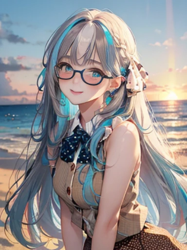 （Glasses）、The arrival of autumn、big butt、big butt、 Super detailed,bright colors, very beautiful detailed anime face and eyes,highest quality, hyper detail, masterpiece, look straight, ;shiny_skin,girl, ((long hair、gradation hair , Half white hair、Half light blue hair: 1.5)) 、forehead is exposed、shiny hair, delicate beautiful face, blush、(turquoise eyes), White skin, Valletta, mature earrings,、sandy beach、sunset、((ribbon、(All the buttons are off、polka dots、Brown mini skirt)))、twin tails、smile、happy face、face dyed red、dynamic