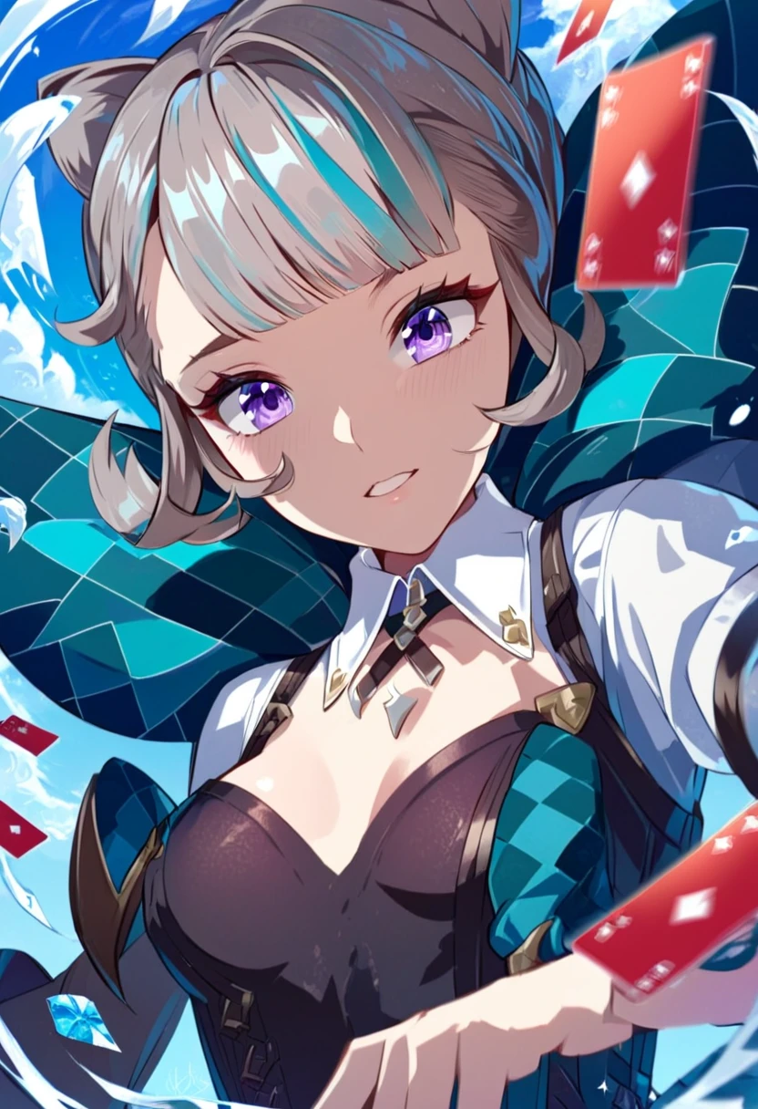 (masterpiece), perfect face, vivid, high quality, detailed, Lynette, Genshin Impact, cards, wind, 4k quality, girl, purple eyes