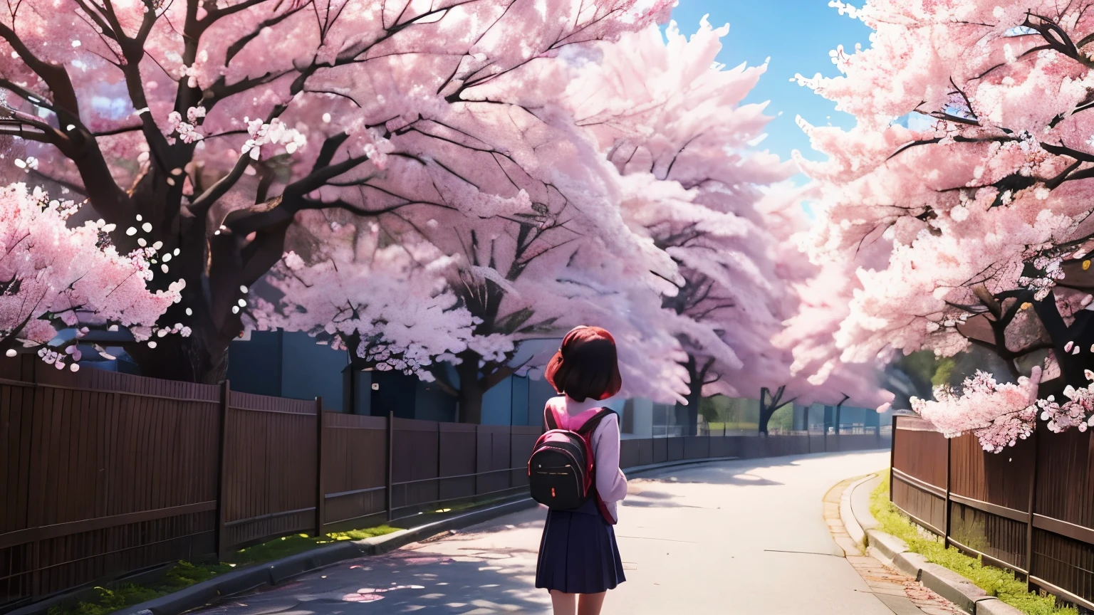 ・An image of a high school girl in a Japanese uniform walking happily down a road lined with blooming cherry blossoms ・The girl&#39;s face looks happy ・Please draw her face with an emphasis on cuteness rather than beauty ・Her face is smiling ・She is carrying a small backpack ・Draw her walking from behind ・The angle of her head should be such that her profile is slightly visible