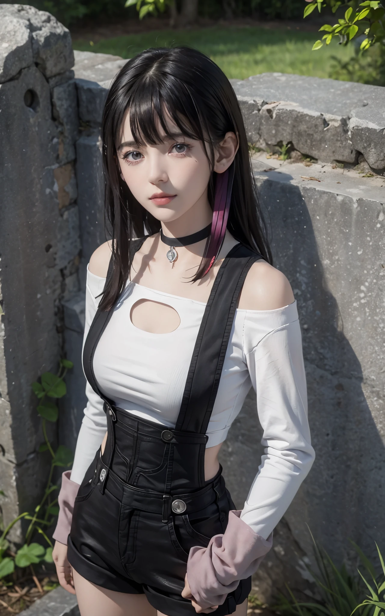 Realistic version of rouge redstar,1girl,pale skin, black hair, solo, long hair, pink eyes, black overall shorts,white off-shoulder shirt,suspenders,straps,silver buttons, indian red arm warmers,ear ornament, black choker, streaked hair, blunt bangs, looking at viewer,seductive smile, cowboy shot,stone wall, (best quality, masterpiece),blue sky,tree, long sleeves,clothing cutout, suspenders