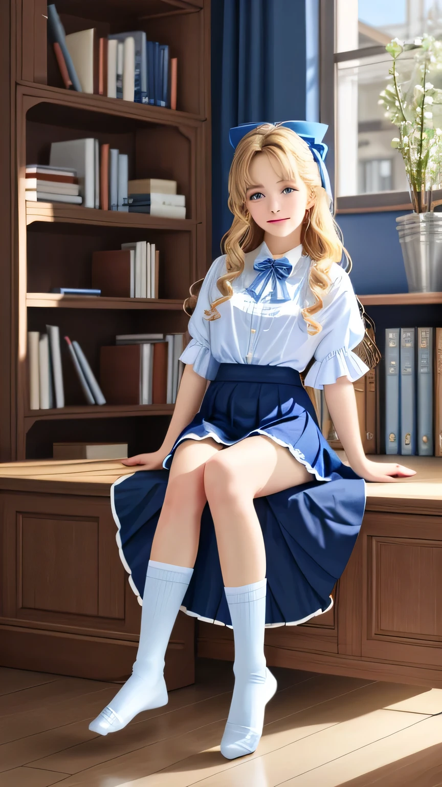 Woman sitting alone in the library、Seductive look、take off your skirt、show off your、White shirt with blue floral pattern、blue bow tie、Blue ruffle skirt、Wear white ankle-length socks、no shoes、White light background,blond,Very long hair,curls,blue eyes,Smile
