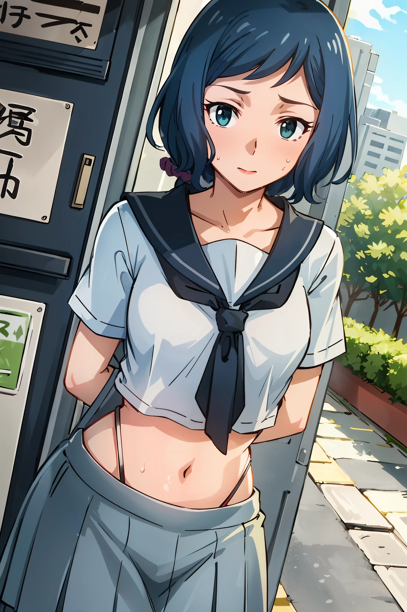 1girl, solo, tall body, tall, long legs, mature female, mature, adult, rinko-iori, wide hips, low ponytail, 
BREAK (grey skirt, midriff peek, pleated skirt, , serafuku, short sleeves, skirt, uranohoshi school uniform:1.2),
BREAK （perspire，Sweat a lot，Blushlush，Be red in the face，Blushlush），Stand at the door of the phone booth,arms behind back,
BREAK outdoors, park, garden, lake, sunshine, sunlight, bright, 
BREAK ((top quality, 8k, masterpiece: 1.3, ultra hd, high quality, best quality, high definition, realism)), sharp focus: 1.5, Beautiful woman with Slim body, (perfect hands, perfect anatomy),