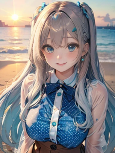(Glasses)、The arrival of autumn、big butt、big butt、 Super detailed,bright colors, very beautiful detailed anime face and eyes,highest quality, hyper detail, masterpiece, look straight, ;shiny_skin,girl, ((long hair、gradation hair , Half white hair、Half light blue hair: 1.5)) 、forehead is exposed、shiny hair, delicate beautiful face, blush、(turquoise eyes), White skin, Valletta, mature earrings,、sandy beach、sunset、((ribbon、(polka dots、See-through brown mini skirt)))、twin tails、smile、happy face、face dyed red、dynamic
