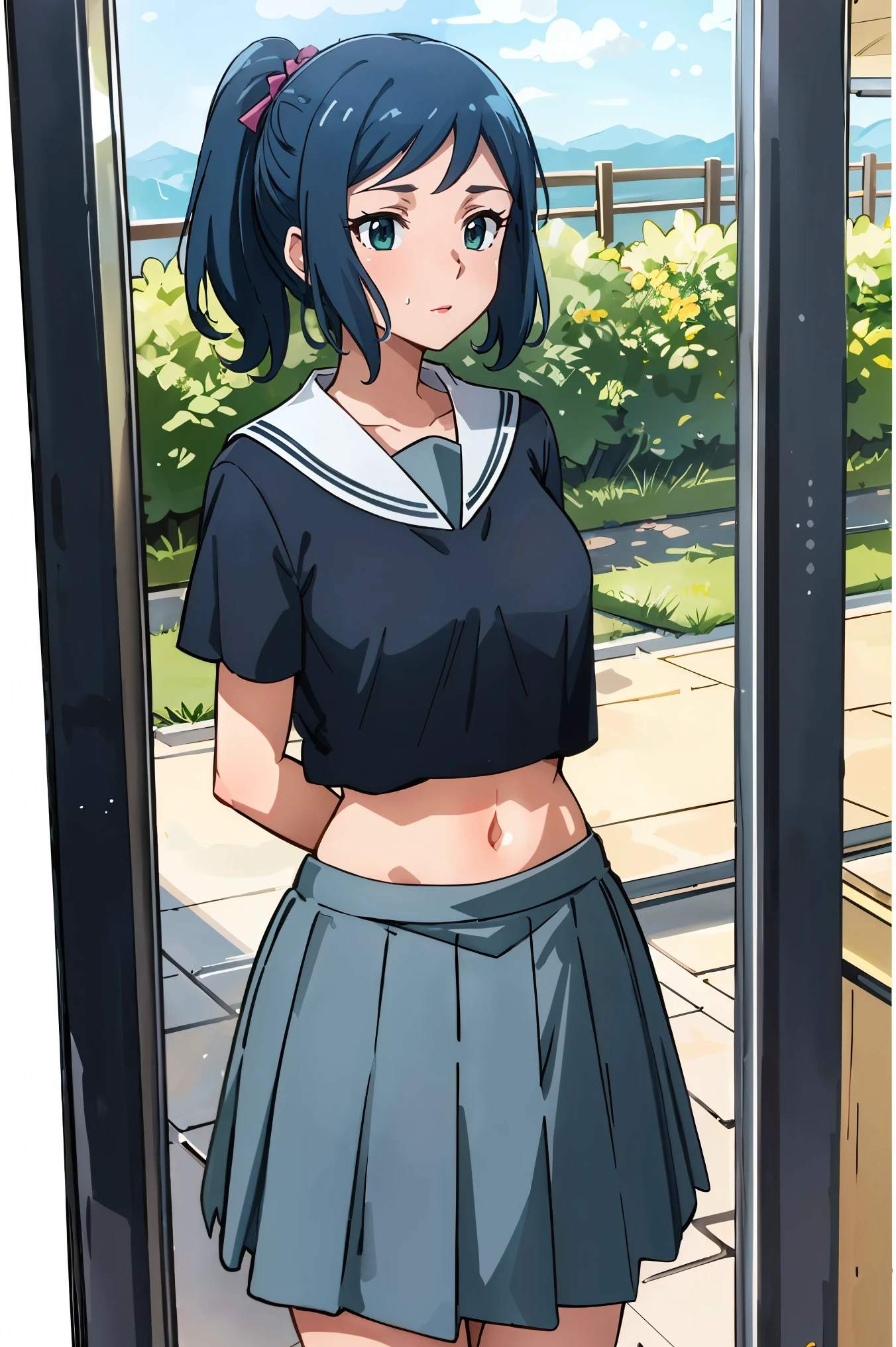 1girl, solo, tall body, tall, long legs, mature female, mature, adult, rinko-iori, wide hips, low ponytail, 
BREAK (grey skirt, midriff peek, pleated skirt, , serafuku, short sleeves, skirt, uranohoshi school uniform:1.2),
BREAK （perspire，Sweat a lot，Blushlush，Be red in the face，Blushlush），Stand at the door of the phone booth,arms behind back,
BREAK outdoors, park, garden, lake, sunshine, sunlight, bright, 
BREAK ((top quality, 8k, masterpiece: 1.3, ultra hd, high quality, best quality, high definition, realism)), sharp focus: 1.5, Beautiful woman with Slim body, (perfect hands, perfect anatomy),