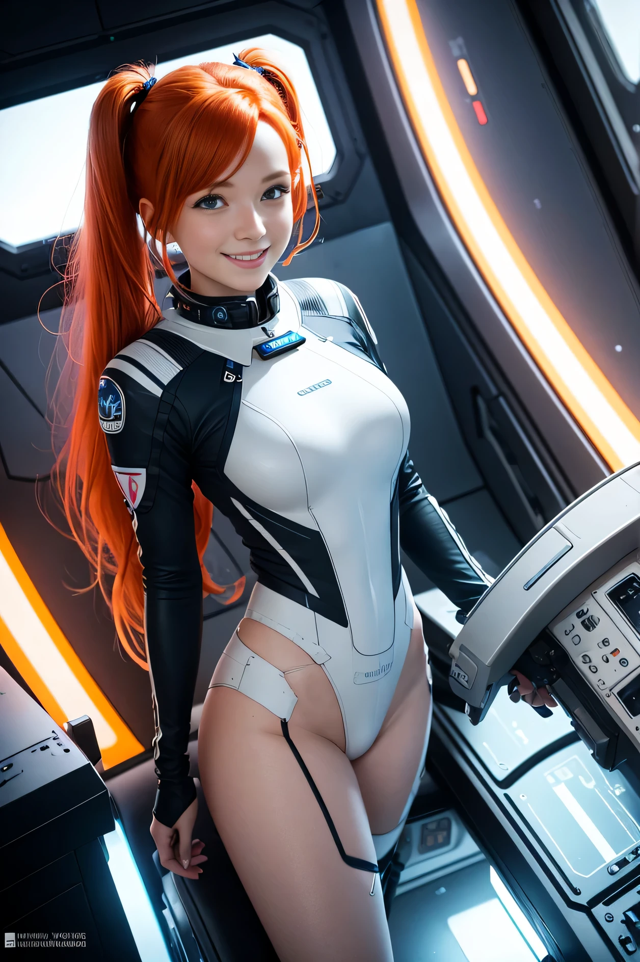(overhead view) Cute redhead with rainbow colored hair tips, ribbons in her hair, 18-year-old woman, happy, smiling, in twin tails, perfect eyes, clear sparkling blue eyes, pale skin, silky smooth skin, flying a fancy metal luxurious space ship, futuristic cockpit, she's a pilot, outer space seen in windows, dark warm lighting, futuristic astronaut suit, anatomically correct, bare bottom, open legs, Best quality, high detailed, Masterpiece, Cinematic Lighting, 4K, wet and see-through.