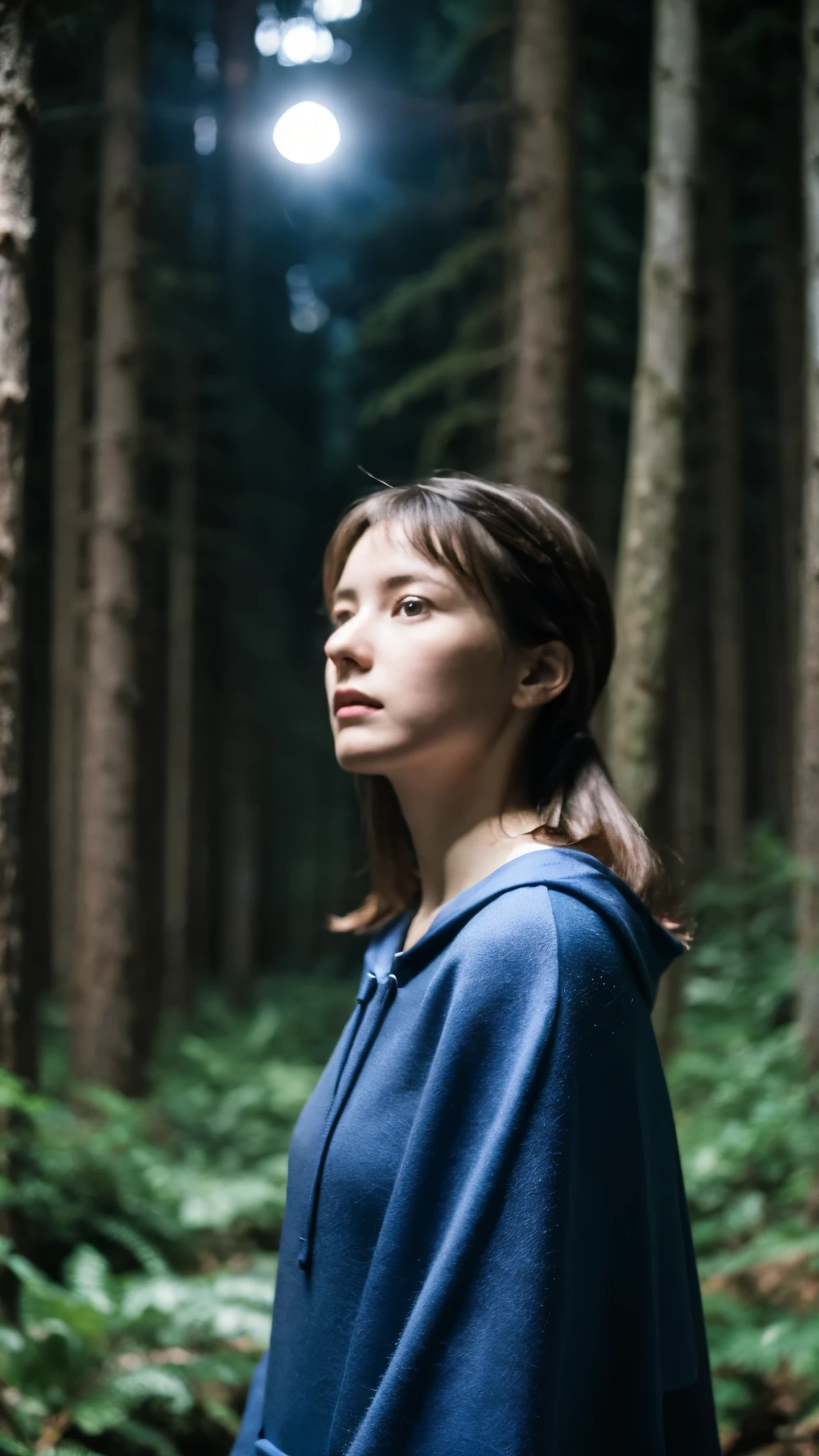 masterpiece, highest quality, Marianne_Time Skip, blue clothes, capelet, Dark alpine forest, Are standing, night, look up, Upper body, detailed face