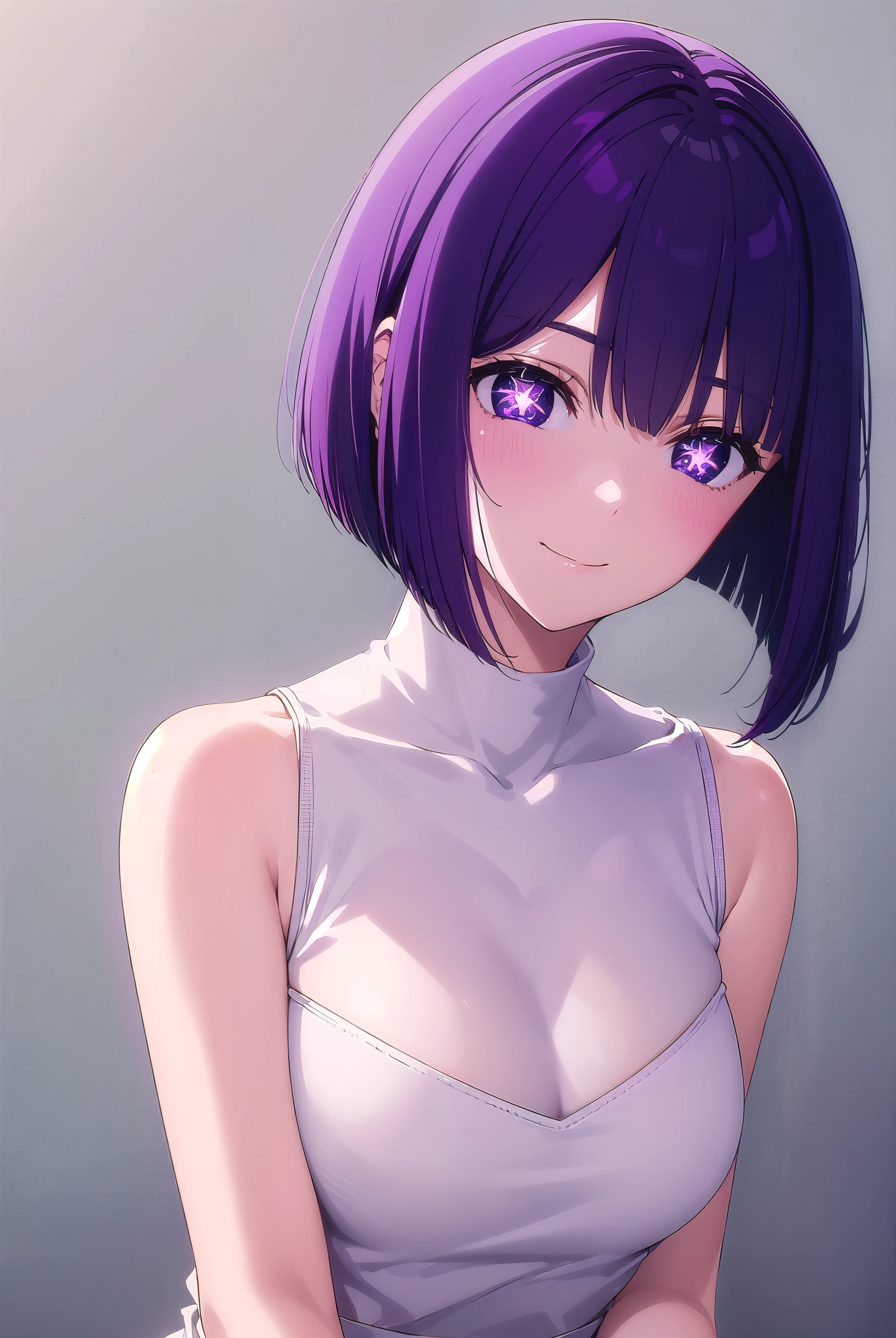 masterpiece, best quality, 1girl, solo, (purple eyes:1.1), purple hair, (symbol-shaped pupils:1.5), vibrant short hair, bobhair, short-hair, short bob hair, (((bobcut))), bob haircut, very short bob cut, lip length hair, blunt ends, (sliced_bob), buzzed nape ((haircut:1.3)), undercut, bobbed hair, minibob, sidecut, shaved, graduation bob, straight short hair, short hair above the ears, Shot diagonally from the side, looking at viewer, elegant braid, masterpiece, best quality, 1girl, medium breasts, wall, graffiti, smile, sleeveless