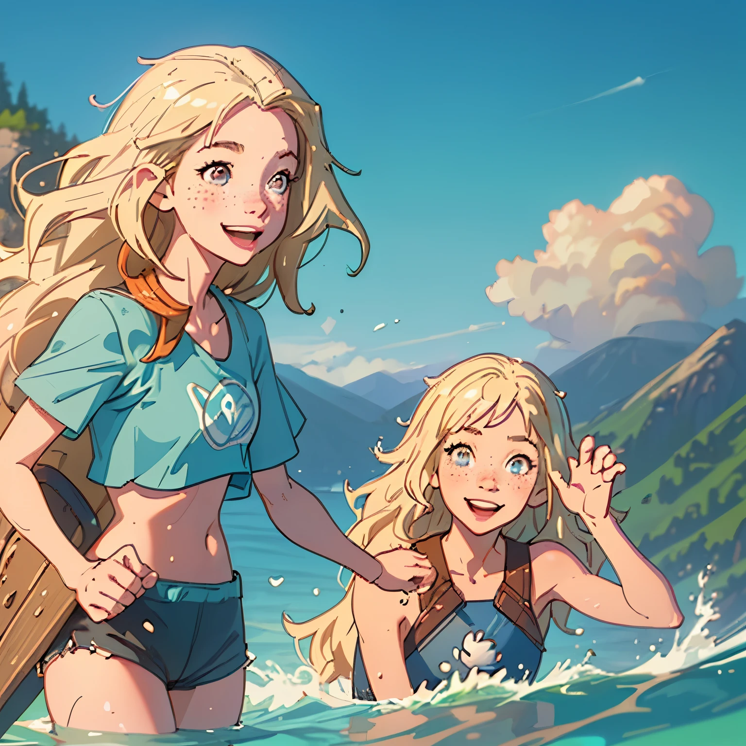 (best quality, masterpiece), 1girl, upper body, paw pose, smile, laughing, happy, ocean, crop top, shorts, blonde, freckles, blush, looking at viewer, wavy hair, long hair, cloud, splashing, waves, sun, mountain, wet