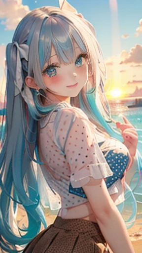 (Glasses)、The arrival of autumn、big butt、big butt、 Super detailed,bright colors, very beautiful detailed anime face and eyes,highest quality, hyper detail, masterpiece, look straight, ;shiny_skin,girl, ((long hair、gradation hair , Half white hair、Half light blue hair: 1.5)) 、forehead is exposed、shiny hair, delicate beautiful face, blush、(turquoise eyes), White skin, Valletta, mature earrings,、sandy beach、sunset、((ribbon、(polka dots、See-through brown mini skirt)))、twin tails、smile、happy face、face dyed red、dynamic