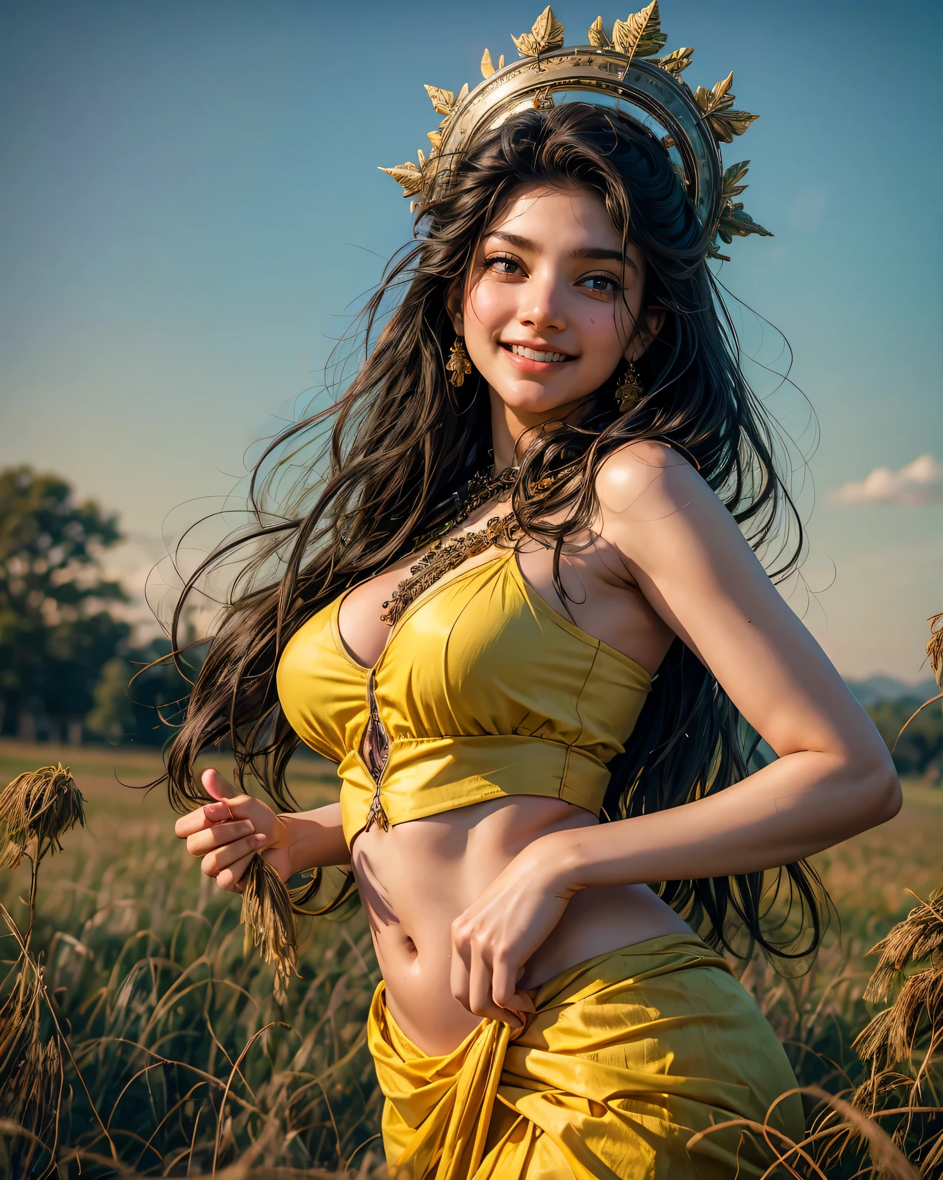 a woman in a purple and yellow dress in a field, wearing a steampunk sari, gracefully belly, huge breasts, cleavage, smily face, smile on face, indian super model, posing on wheat field, style of beautiful body, beautiful woman body, in a open green field, nature goddess, ellora, at a fashion shoot, shakti, in front of a forest background