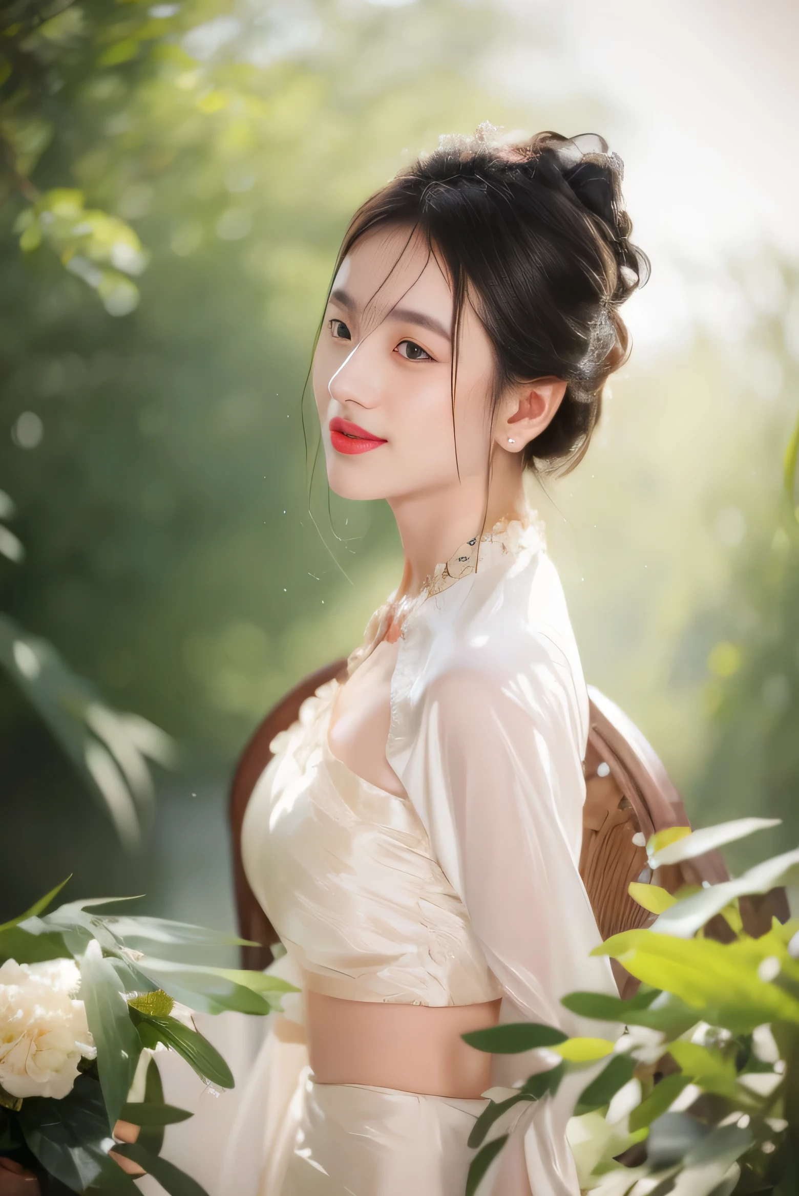 femme arafée dans une robe blanche assise à une table avec un bouquet, une belle femme en blanc, femme adorable, Gorgeous Chinese model, une belle jeune femme, Inspiré par Huang Ji, une jeune femme asiatique, une femme asiatique, with natural light background, Belle femme, femme chinoise, belle femme asiatique, Hungry Ghost Festival, chinoise