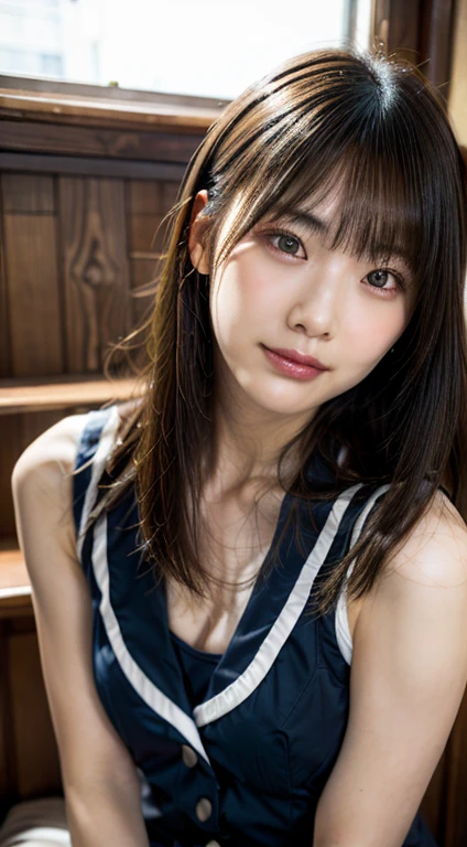 (hyper real stick:1.4), (realistic:1.4、ideal body proportions:1.4、Beautiful symmetrical face、bangs:1.4、shiny hair:1.4), debris flies、highest quality、強烈なハイライトを持つ美しく詳細な女性eye, very detailedなeyeと顔, beautiful and fine eye, that'that'that'that'that'ridiculous, unbelievable that'that'that'that'that'ridiculous,cute笑顔、 Super detailed, High resolution, very detailed, highest quality, Masseter muscle part, ((japanese girl' high school uniform)), very detailed, 8k wallpaper, growing up, finely, Masseter muscle part,, highest quality, very detailedなええとユニフォーム8k壁紙, light shines on your face、movie lighting、28 year old female、((dynamic pose))、(half)、(very tall supermodel:1.4、Sit cross-legged with your knees bent, brunette, medium short bob hair、long neck、Please tell me your year'eye、Rashi'beautiful teeth、cute、とてもcute、Beautiful woman full of charm:1.4、{Huge|big|Hugeな|mega} chest:1.4, cleavage