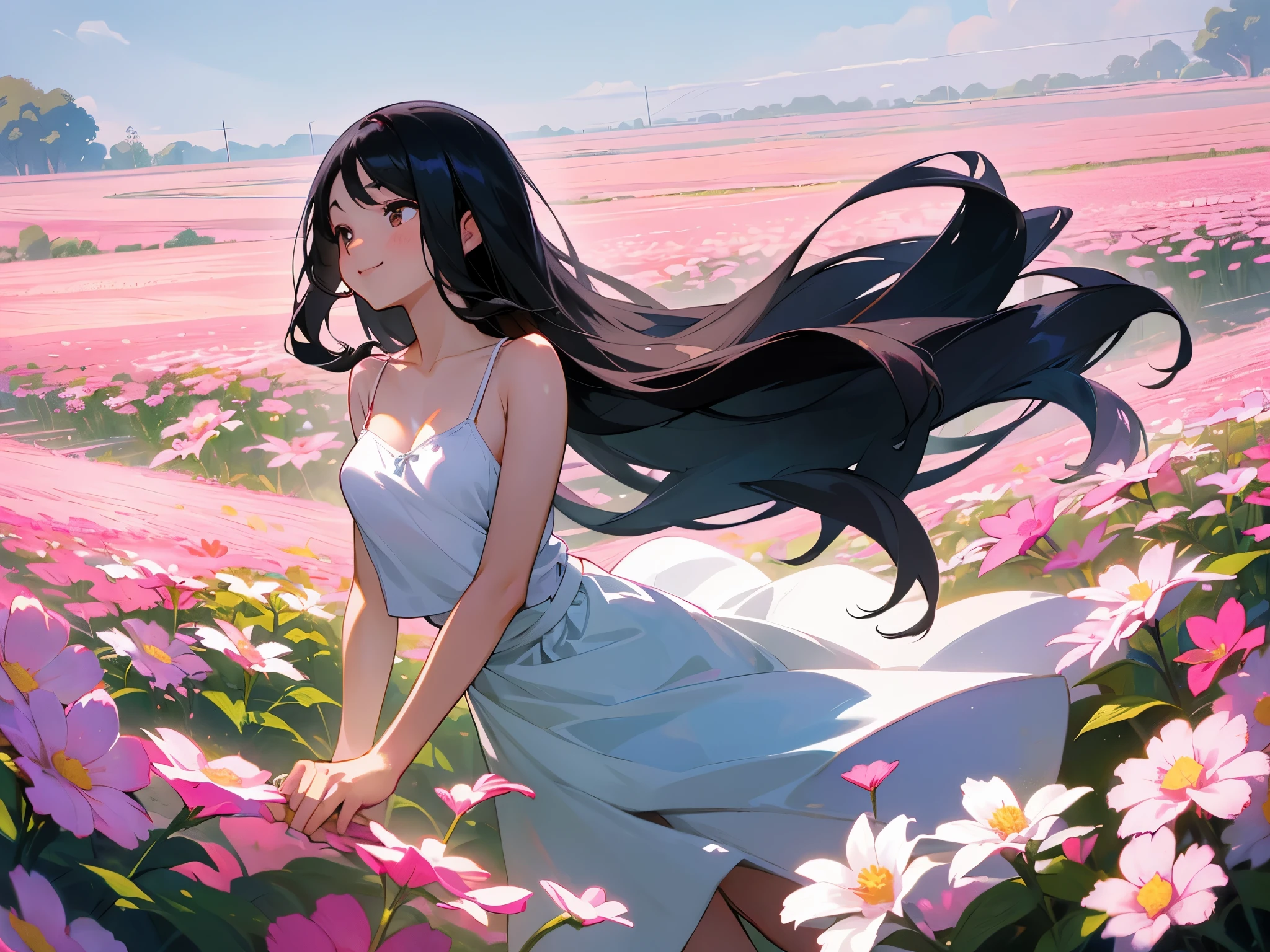 A young, cute and kind girl 

long hair with no curls 

(black hair) 

calm smile 

D cup breasts 

girl wearing a camisole 

(white camisole) 

A flower garden all over the ground 

(pink flower field) 

clear and beautiful sky 

contrails in the sky 

japanese girl 

