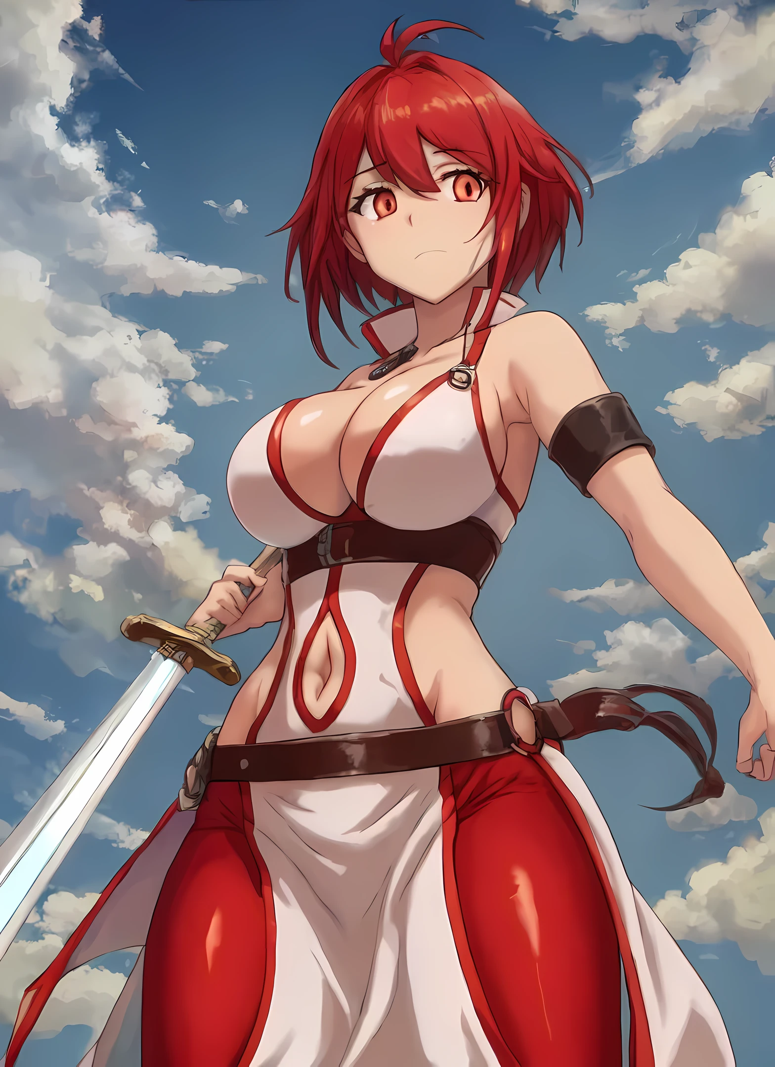 best quality, masterpiece, high quality, vesta_harem, 1girl, large breasts, cleavage, navel_cutout, side_slit, [[[[[red eyes]]]]], BREAK (red_leggings), oversized_belt, white_dress, [[[white_loincloth]]], bare_hips, BREAK holding_sword, cloudy_sky, sunlight