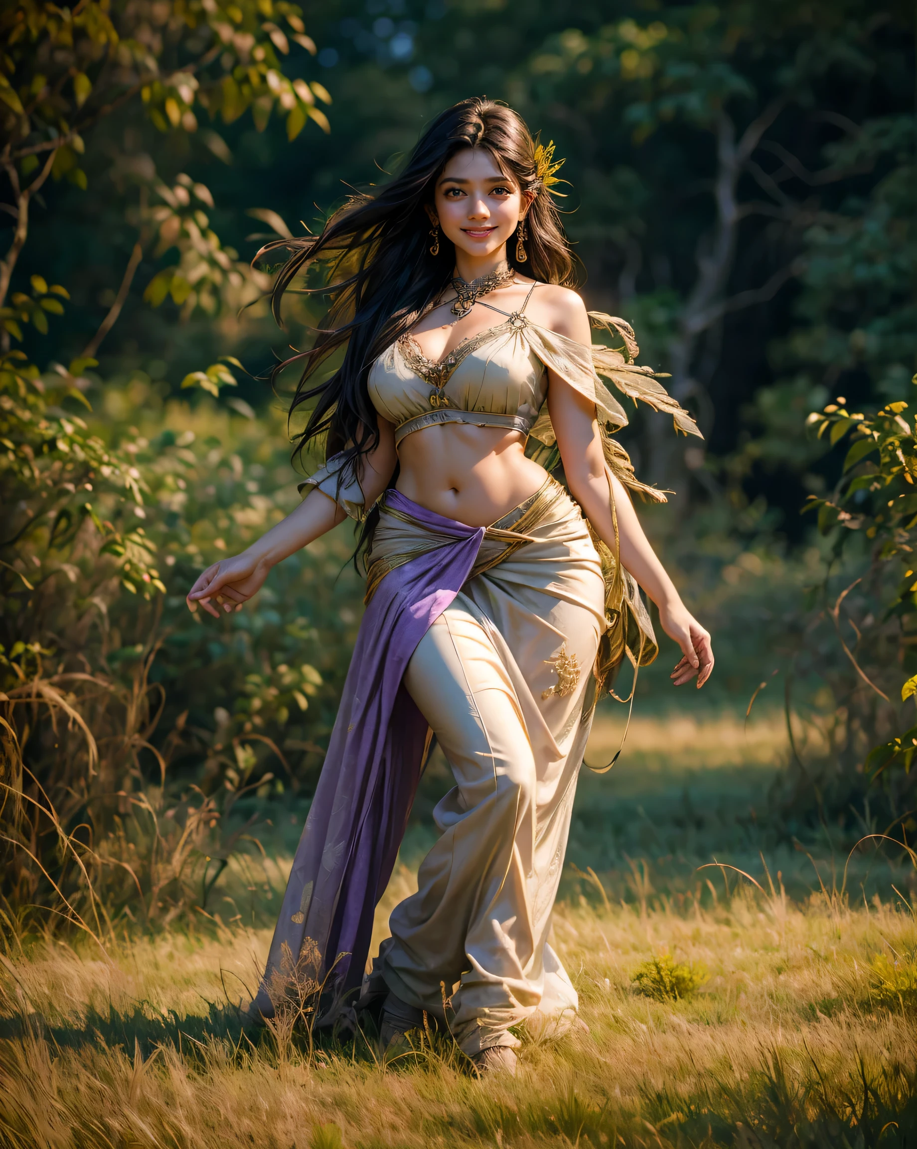 a woman in a purple and yellow dress in a field, wearing a steampunk sari, gracefully belly, huge breasts, cleavage, smily face, smile on face, indian super model, posing on wheat field, style of beautiful body, beautiful woman body, in a open green field, nature goddess, ellora, at a fashion shoot, shakti, in front of a forest background