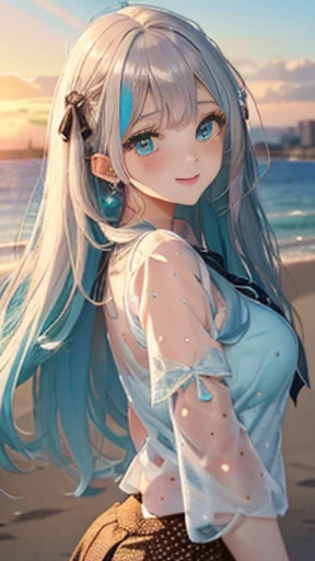 (Glasses)、The arrival of autumn、big butt、big butt、 Super detailed,bright colors, very beautiful detailed anime face and eyes,highest quality, hyper detail, masterpiece, look straight, ;shiny_skin,girl, ((long hair、gradation hair , Half white hair、Half light blue hair: 1.5)) 、forehead is exposed、shiny hair, delicate beautiful face, blush、(turquoise eyes), White skin, Valletta, mature earrings,、sandy beach、sunset、((ribbon、(polka dots、See-through brown mini skirt)))、twin tails、smile、happy face、face dyed red、dynamic、Show off your skirt