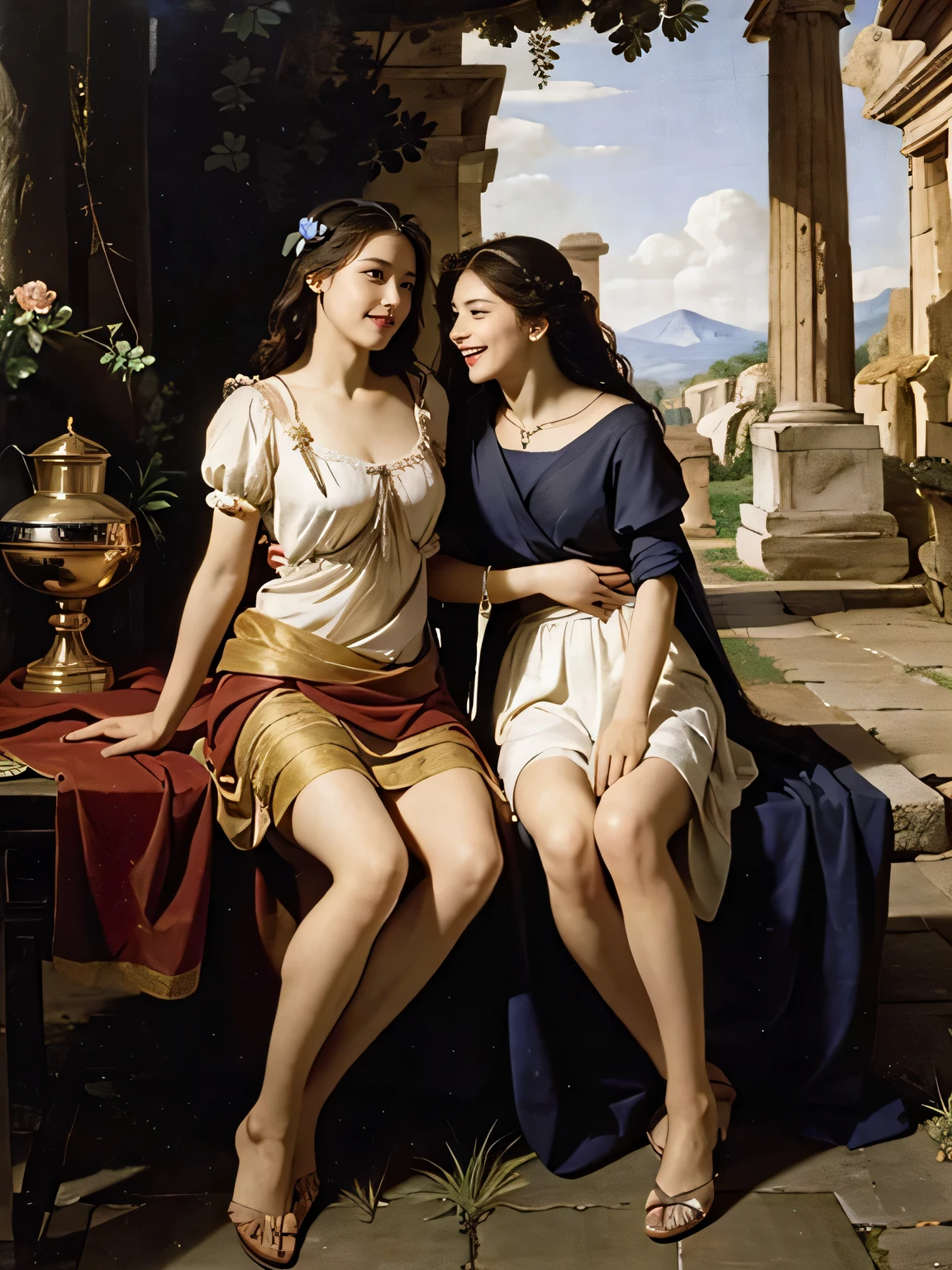 full body portrait or statue、Giorgione painting style,Arguments of two female Philosophe,math、astronomical machine、astronaut、roses in vase、fruits、Cute trinkets、smile、ancient greek costume、Ancient Roman landscape in the style of Nicolas Poussin,laughter,,Sweet and seductive appearance.、Caravaggio's paintings、Chiaroscuro of Caravaggio、hair tousled by the wind,Two women frolicking,cute smile, expression of ecstasy,Sexy,erotic