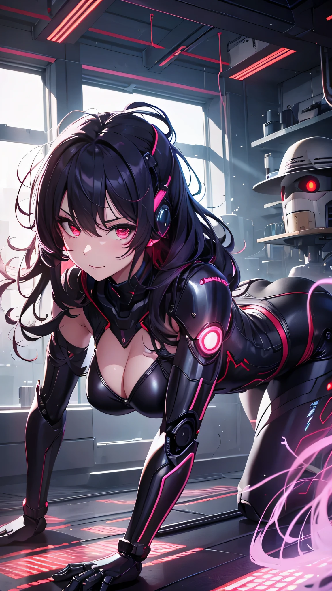最high quality、best image quality、masterpiece、android girl((18-year-old、 By becoming、vest bust、medium bust,wide open breast tea、red glowing eyes, water hair、messy hair、long hair、thin,highest valley、Blue robot body、Shiny red body、Close ~ eyes、All connected to cables、Show the whole body、robot arm、robot feet、villain、evil smile、crawl on all fours、emphasize the buttocks)),high quality、beautiful art、background((dark bio facility、dark room、Infrared Sensor、red lighting))、Flight、debris flies、Depth of written boundary、movie、visual art、perfect art、8K,genuine、