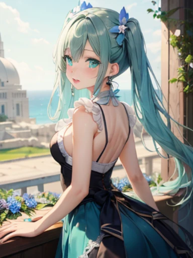 The arrival of spring、big butt、 (alone:1.5,)Super detailed,bright colors, very beautiful detailed anime face and eyes, look straight, ;d, shiny_skin,girl, ((White long hair,Inner color is red 、forehead is exposed.、green eyes、、shiny hair, delicate beautiful face, blush、(turquoise eyes), White skin, Valletta, earrings,、blue flower field、Transparent Lolita Blouse、Lace long skirt、twin tails、show off your butt