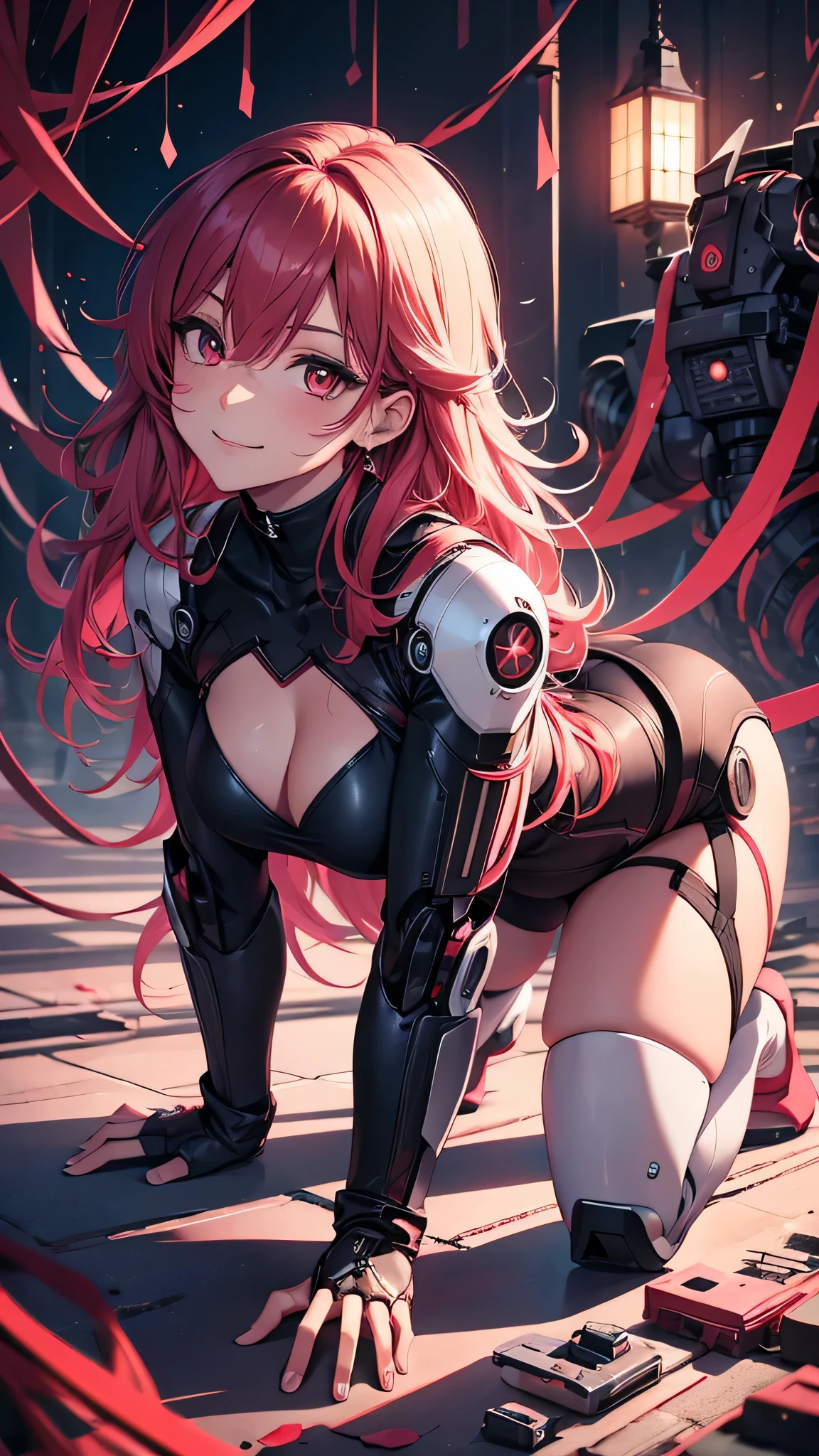 最high quality、best image quality、masterpiece、android girl((18-year-old、 By becoming、vest bust、medium bust,wide open breast tea、red glowing eyes, water hair、messy hair、long hair、thin,highest valley、Blue robot body、Shiny red body、Close ~ eyes、All connected to cables、Show the whole body、robot arm、robot feet、villain、evil smile、crawl on all fours、emphasize the buttocks)),high quality、beautiful art、background((dark bio facility、dark room、Infrared Sensor、red lighting))、Flight、debris flies、Depth of written boundary、movie、visual art、perfect art、8K,genuine、