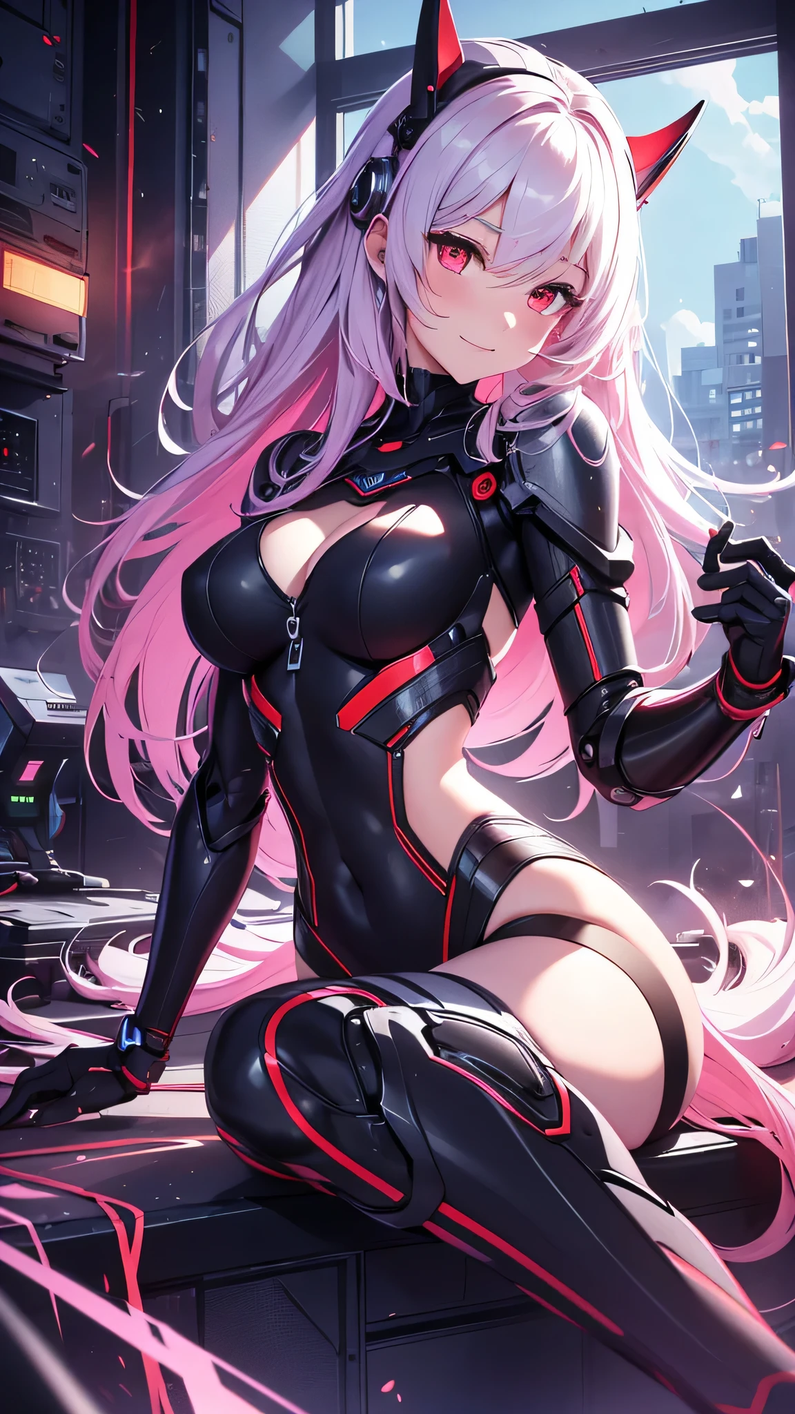 最high quality、best image quality、masterpiece、android girl((18-year-old、 By becoming、vest bust、medium bust,wide open breast tea、red glowing eyes, water hair、messy hair、long hair、thin,highest valley、white robot body、shining blue body、Close ~ eyes、All connected to cables、Show the whole body、robot arm、robot feet、villain、evil smile、sit、open the thighs、open your legs)),high quality、beautiful art、background((dark bio facility、dark room、Infrared Sensor、red lighting))、Flight、debris flies、Depth of written boundary、movie、visual art、perfect art、8K,genuine、