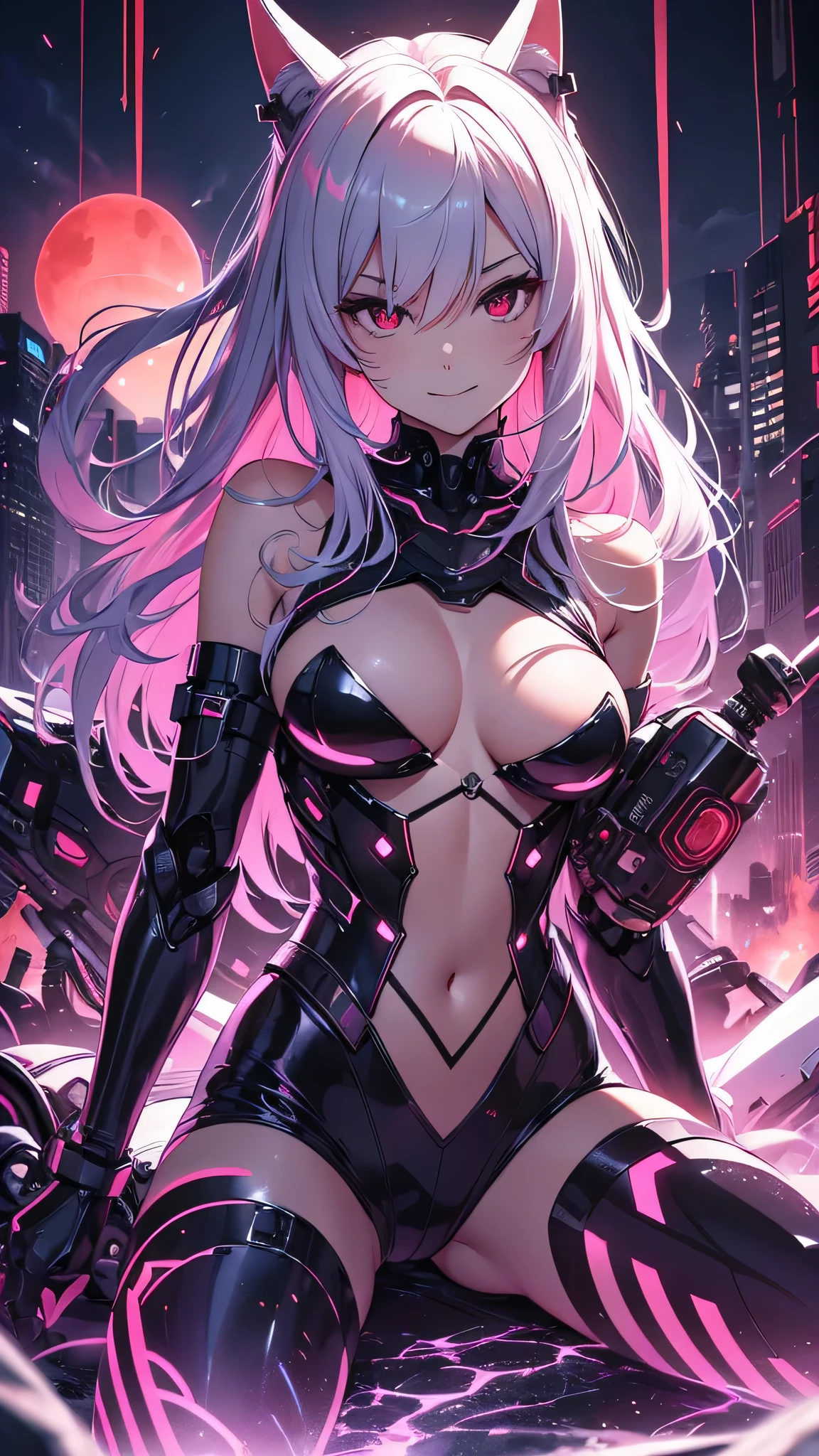 最high quality、best image quality、masterpiece、android girl((18-year-old、 By becoming、vest bust、medium bust,wide open breast tea、red glowing eyes, water hair、messy hair、long hair、thin,highest valley、white robot body、shining blue body、Close ~ eyes、All connected to cables、Show the whole body、robot arm、robot feet、villain、evil smile、sit、open the thighs、open your legs)),high quality、beautiful art、background((dark bio facility、dark room、Infrared Sensor、red lighting))、Flight、debris flies、Depth of written boundary、movie、visual art、perfect art、8K,genuine、