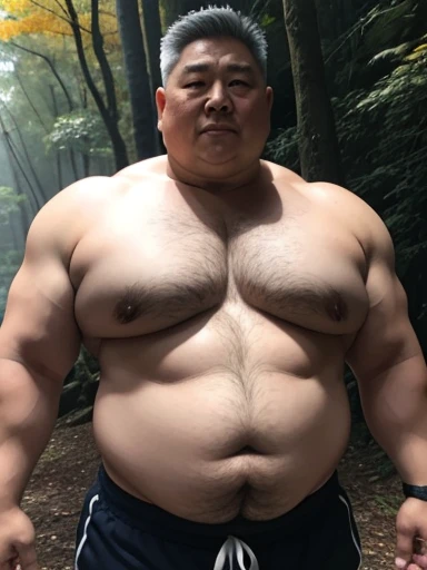   Taiwanese man very obese very sweaty very old silver hair extremely muscular and extremely fat over 70 years old , de 600 libras de peso,con un gran, with very large and very flaccid pectorals with extremely large and pointed nipples,  with muscles flexed, culturista, In a forest in autumn  , usando una tanga diminuta de encaje rojo 