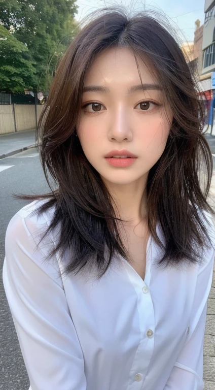 ((Best Quality, 8K, Masterpiece: 1.3)), Sharp: 1.2, Perfect Body Beauty: 1.4, Slim Abs: 1.2, ((Layered Hairstyle, small Breasts: 1.2)), (Wet White Button Long Shirt: 1.1), (Street: 1.2), Wet: 1.5, Highly detailed face and skin texture, detailed eyes, double eyelids, side face looking at the camera