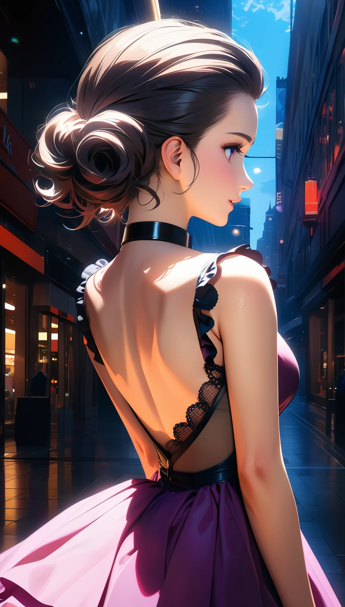 Royal sister,,(((short hair,curls,Hair combed back))), Ruffled lace dress,collar,shopping mall,Vague,Vague的背景,Vague的前景,light,light spot, contrast, phenomenal aesthetic, best quality, sumptuous artwork,PBR rendering+UE pull,16K,high resolution,masterpiece,high quality,Beautiful wallpaper,high detail, 16K