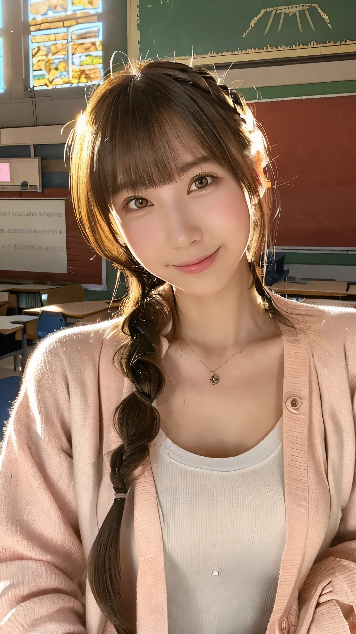 (((anime))), ((animeーション化された)), (gal), medium hair, (braid hair:1.3), (dull bangs:1.2),two tone hair, blonde hair, (pink hair), round face, red eyes, (droopy eyes), (((we say))),pink lip,earrings,necklace,[black skin], light smile, ((((cute)))), beautiful, 1 girl, alone, (cardigan:1.4), [cleavage cutout],peace sign,beautiful background,(classroom:1.5),evening,sunlight,Backlight,masterpiece,highest quality,exquisite,8K,disorganized,super detailed illustrations,(looking at the viewer)